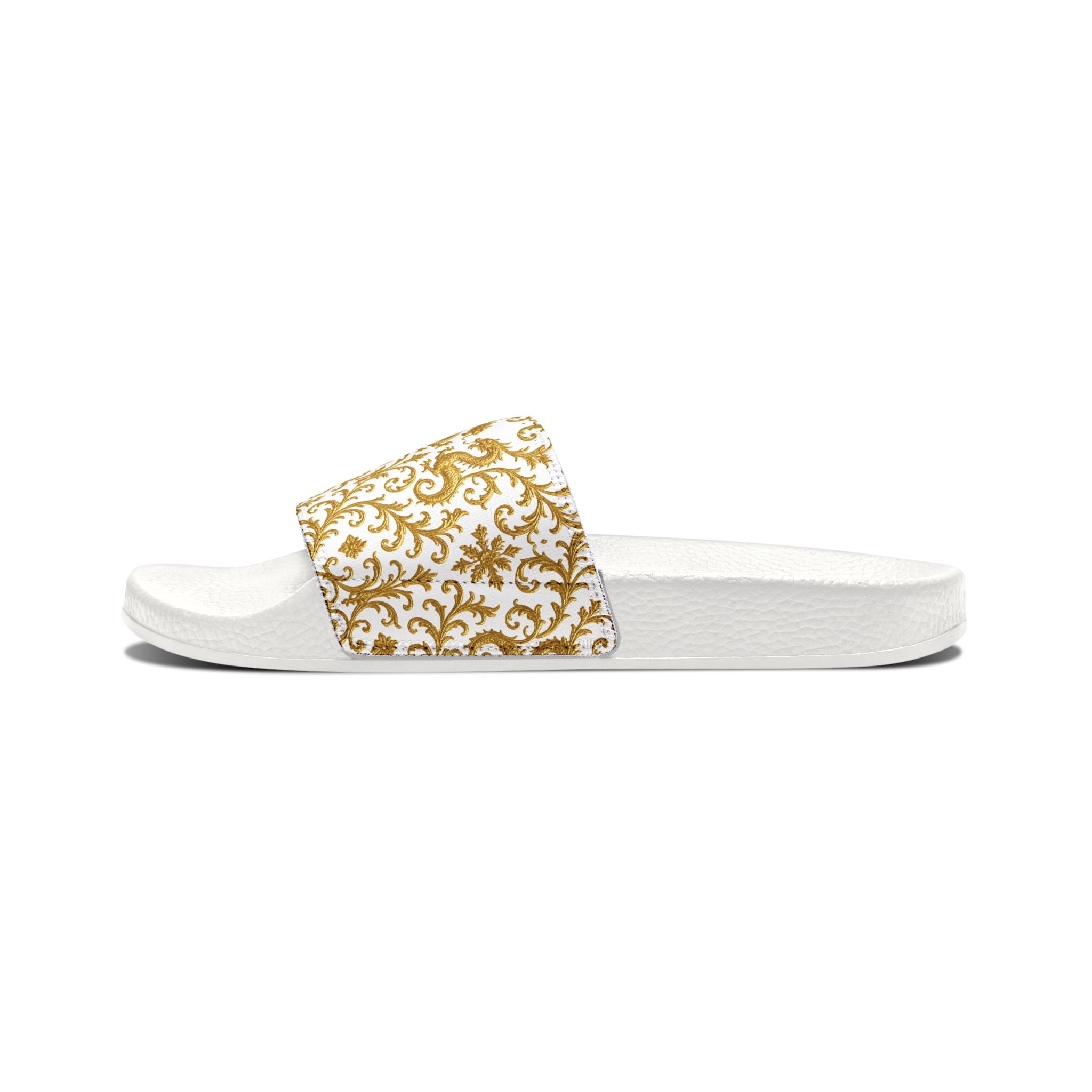 Luxury Baroque Gold Slide Slippers – Elegant White & Gold Home Slides