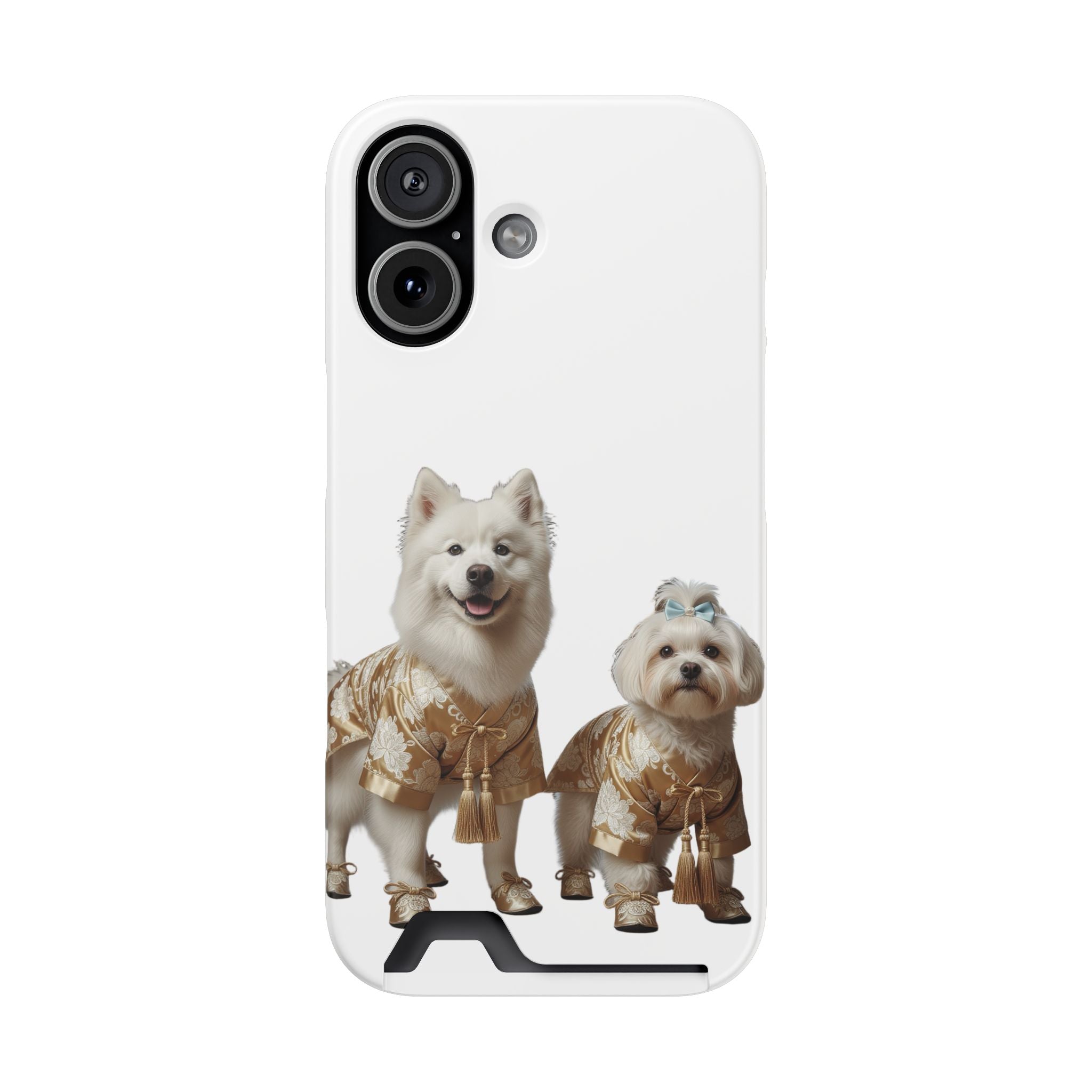 Dog Portrait Card Holder Phone Case — Cute Samoyed & Maltese in Gold Outfits