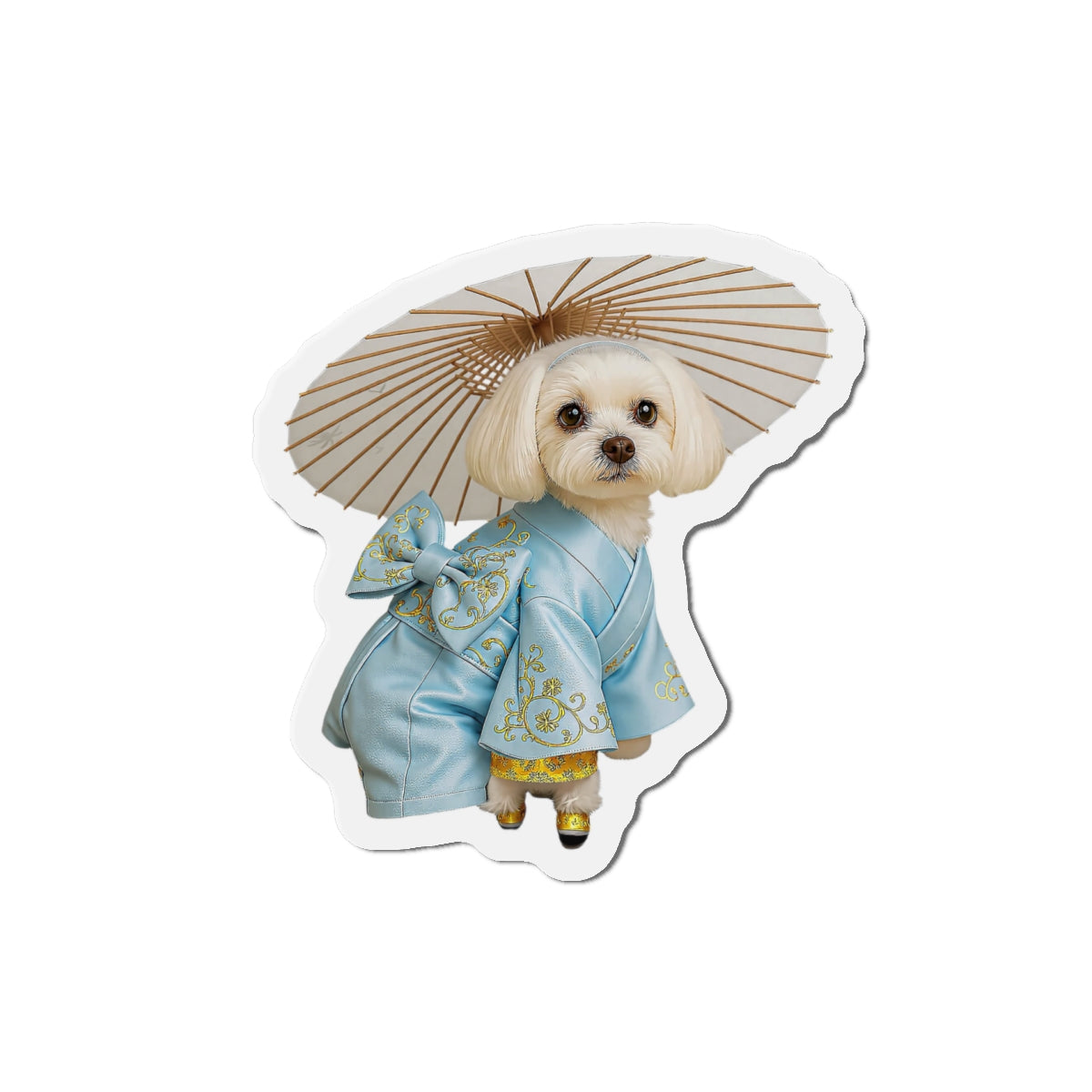 Dog in Kimono Die-Cut Magnet — Cute Maltese Puppy with Parasol Refrigerator Magnet
