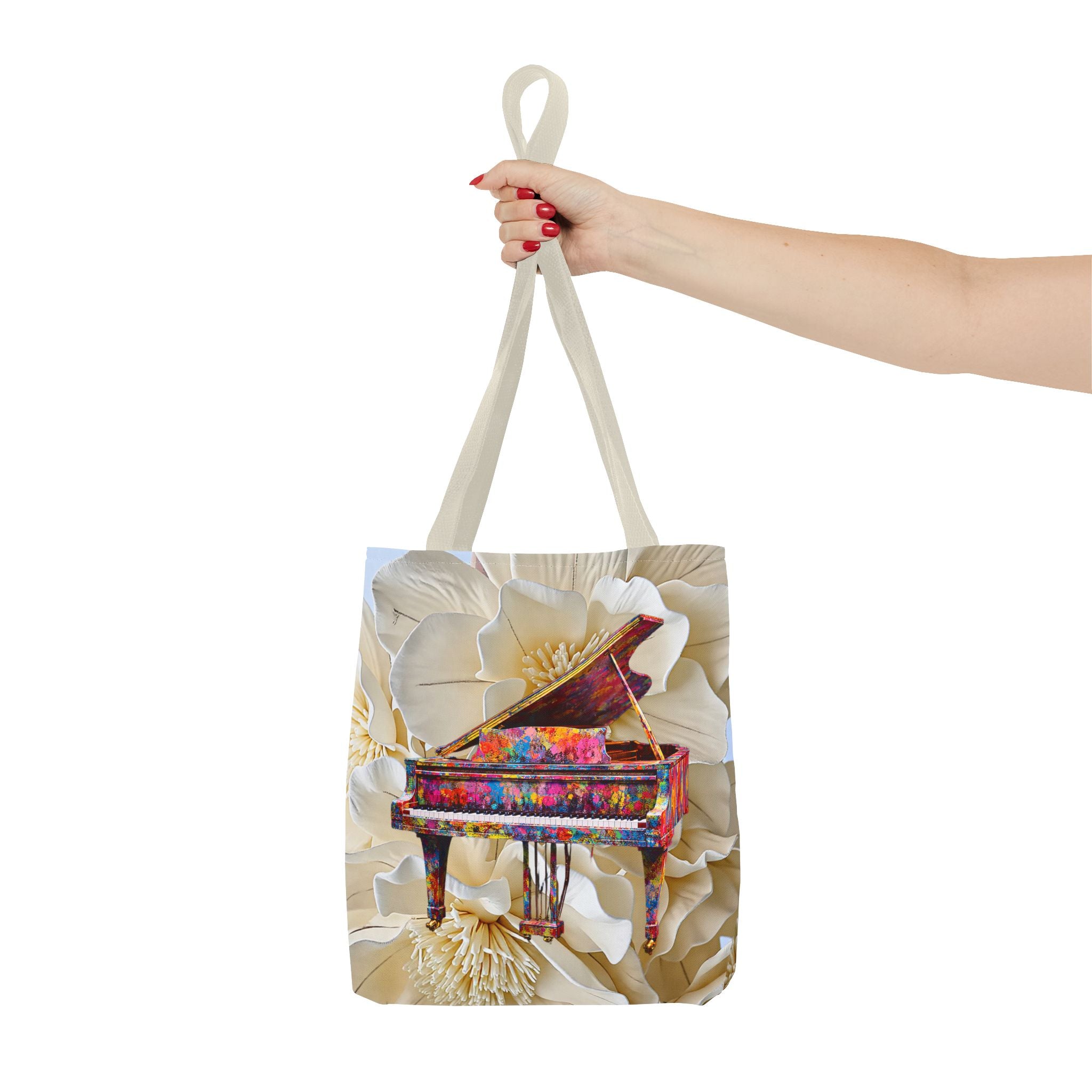 Colorful Grand Piano Art Tote Bag – Floral Background Statement Tote