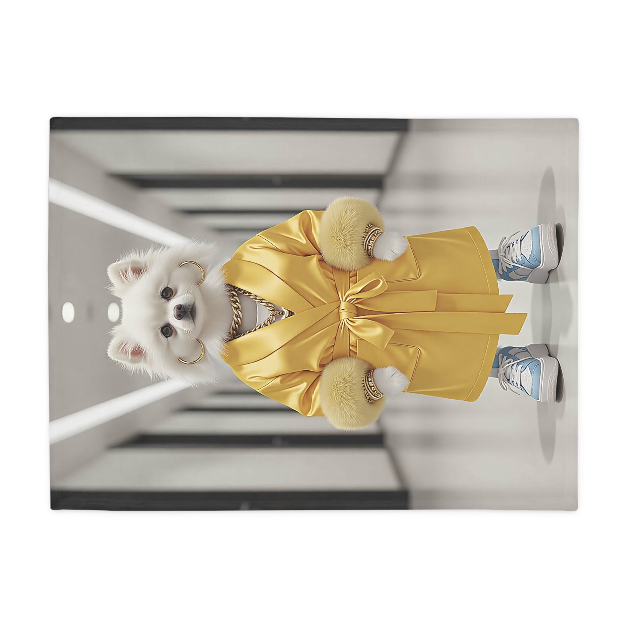 Plush Fleece Blanket - Fashionable Pomeranian in Gold Robe Throw