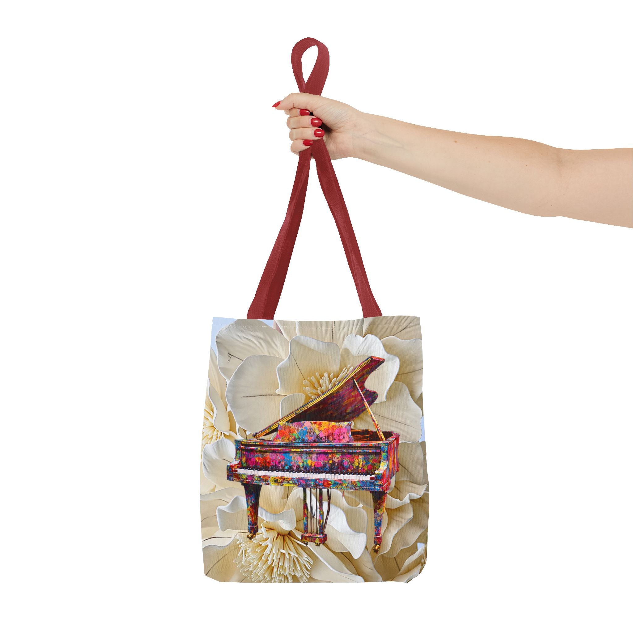 Colorful Grand Piano Art Tote Bag – Floral Background Statement Tote