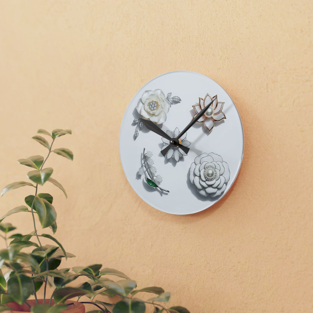 Acrylic Wall Clock with Sculptural Floral Design