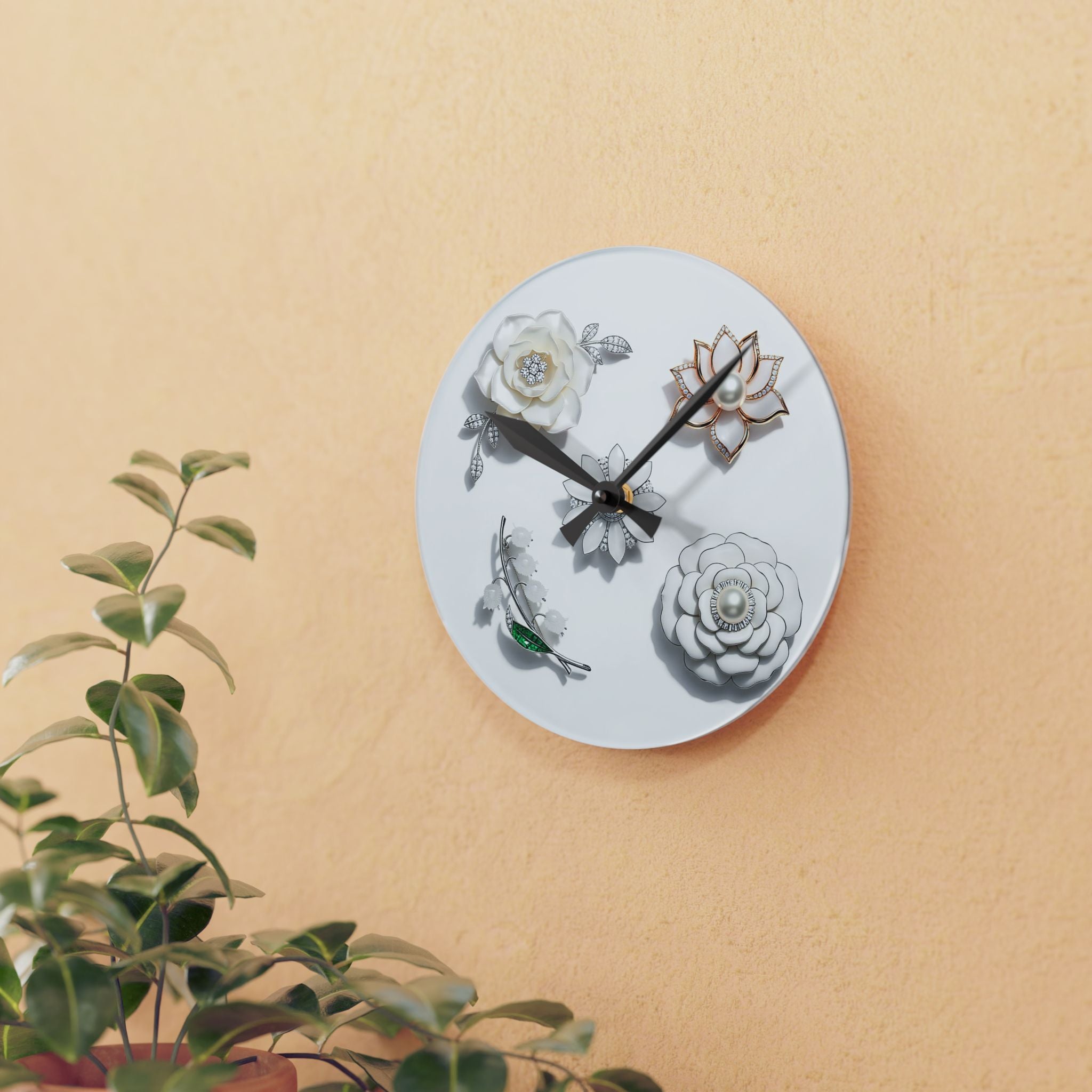 Acrylic Wall Clock with Sculptural Floral Design