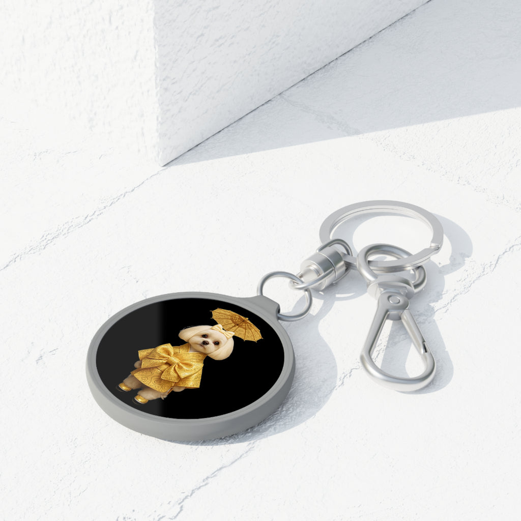 Luxury Dog Keyring | Gold Bow Puppy on Black Round Charm