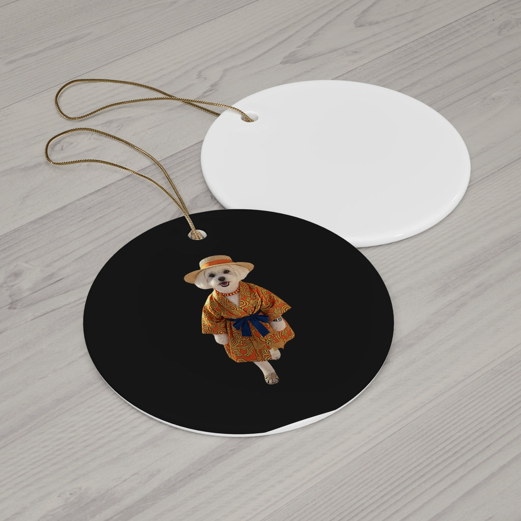 Ceramic Ornament – Vintage Dog in Kimono Holiday Ornament, 4 Shapes