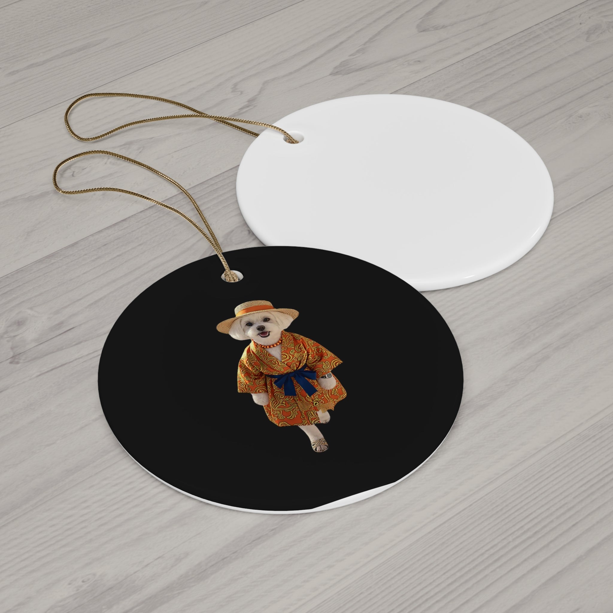 Ceramic Ornament – Vintage Dog in Kimono Holiday Ornament, 4 Shapes