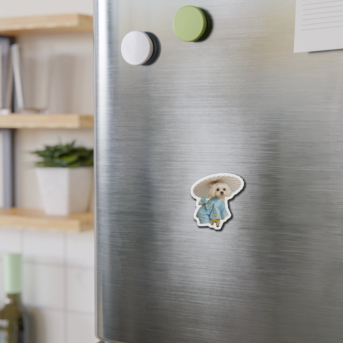 Dog in Kimono Die-Cut Magnet — Cute Maltese Puppy with Parasol Refrigerator Magnet