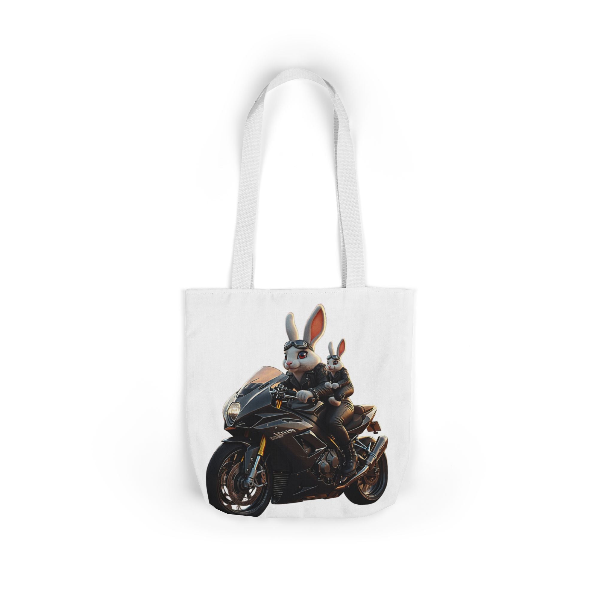 Biker Bunny Canvas Tote Bag — Cool Rabbit on Motorcycle Graphic