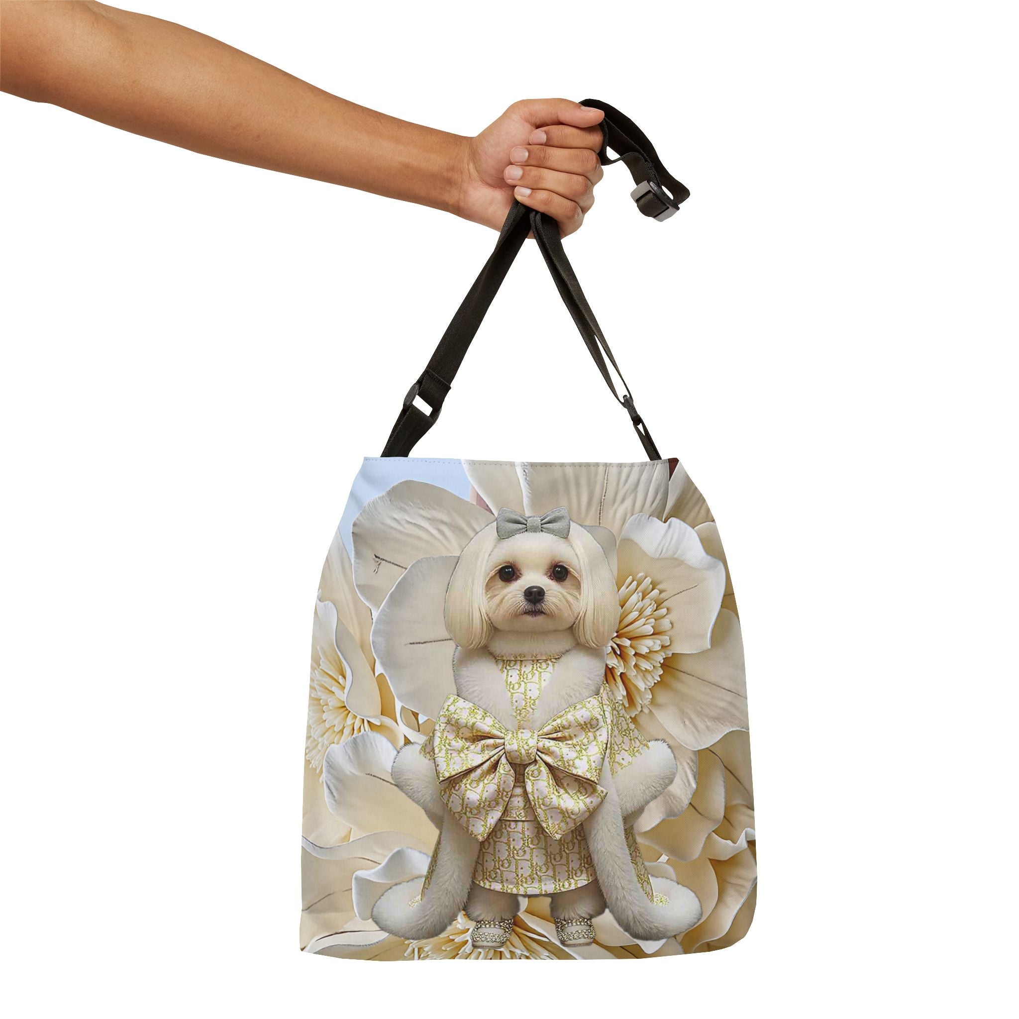 Elegant Dog Art Tote Bag – Gold Bow Puppy Floral Tote