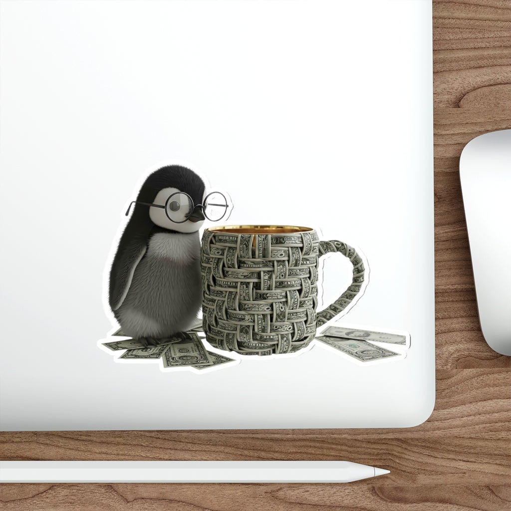 Cute Penguin with Coffee Die-Cut Sticker — Cozy Nerdy Penguin Illustration