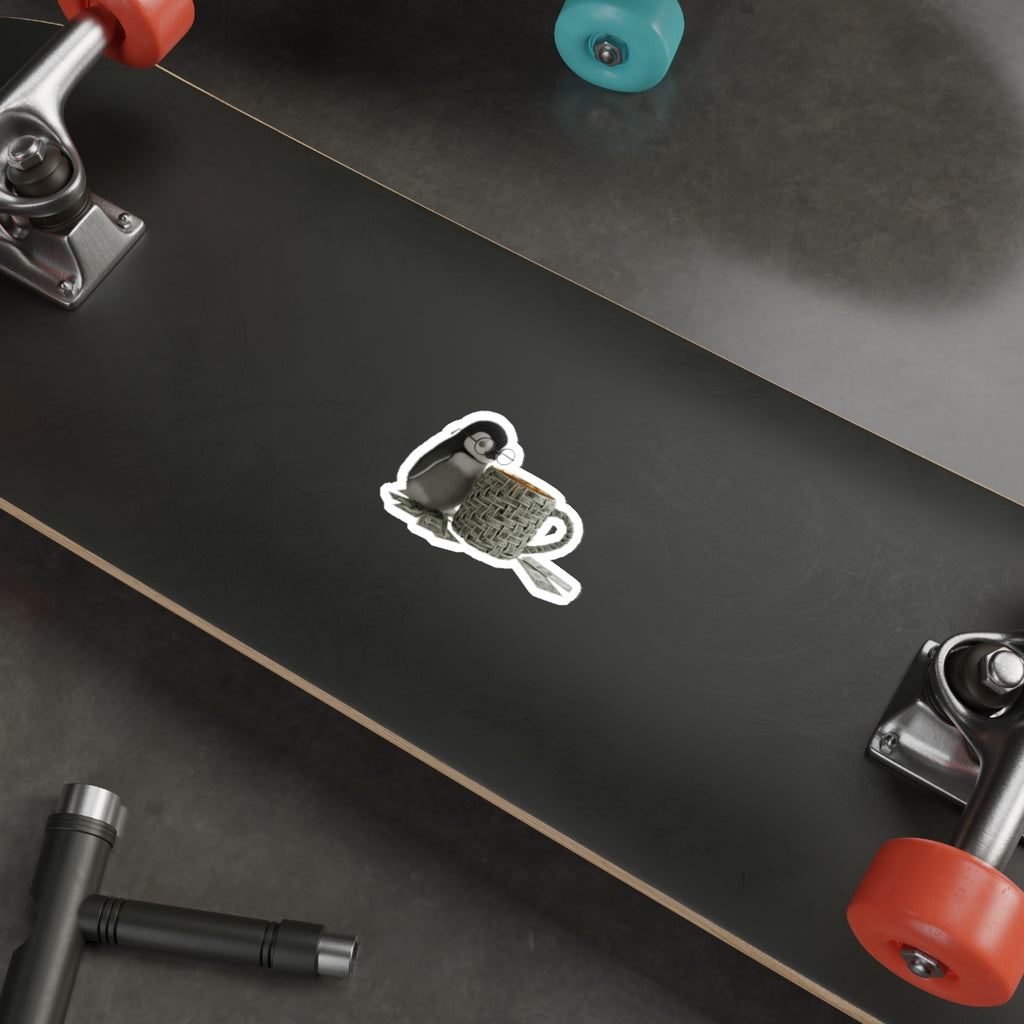 Cute Penguin with Coffee Die-Cut Sticker — Cozy Nerdy Penguin Illustration
