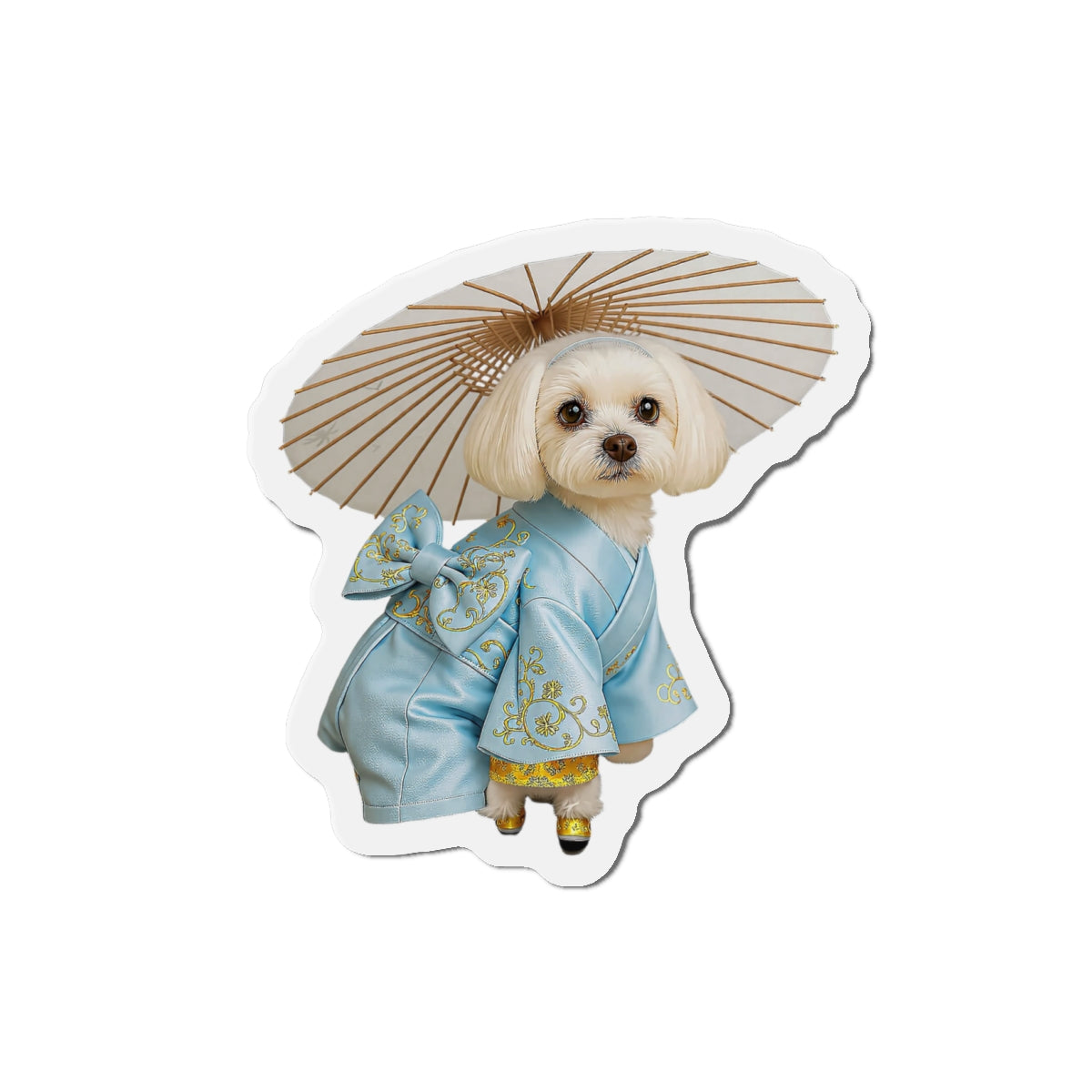 Dog in Kimono Die-Cut Magnet — Cute Maltese Puppy with Parasol Refrigerator Magnet