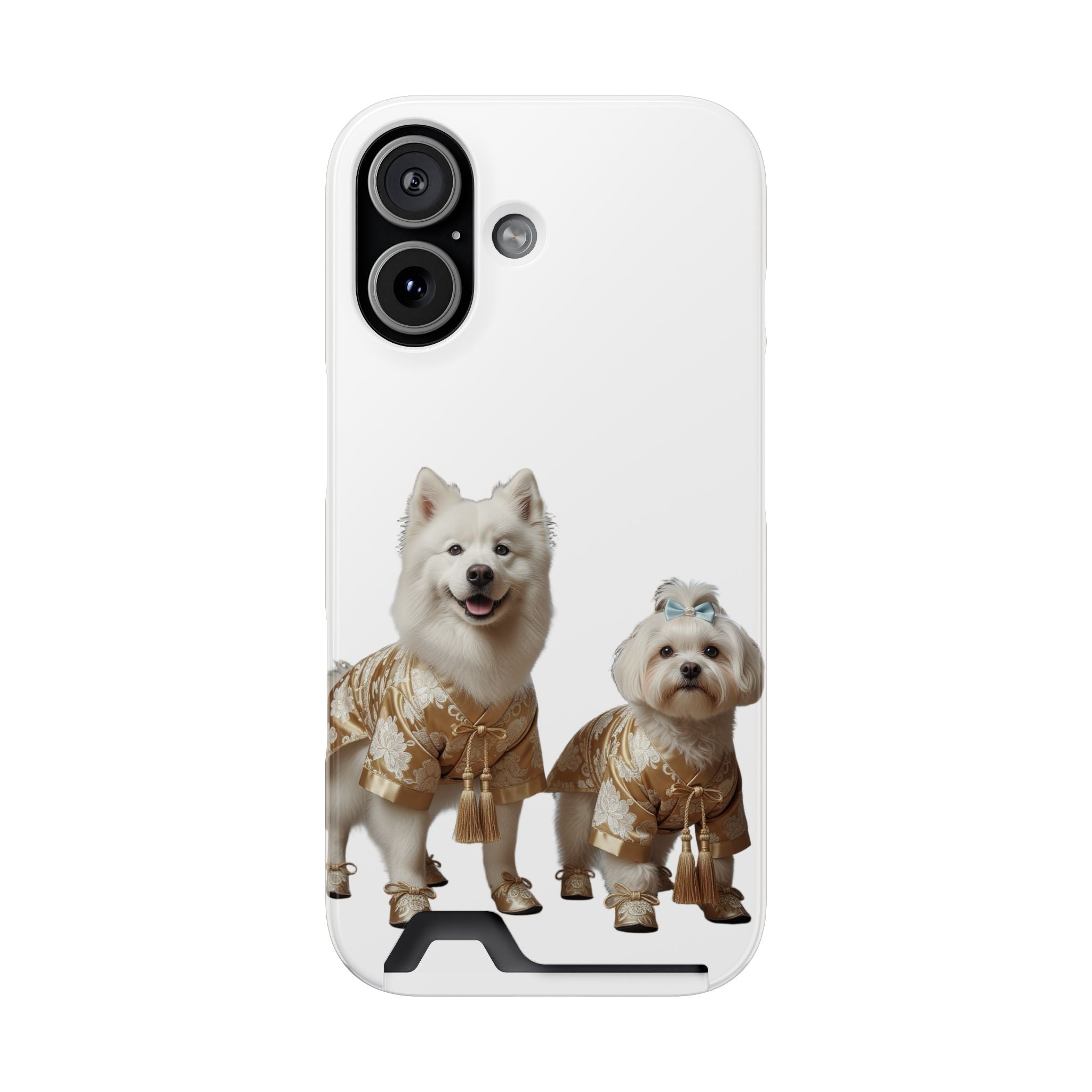 Dog Portrait Card Holder Phone Case — Cute Samoyed & Maltese in Gold Outfits