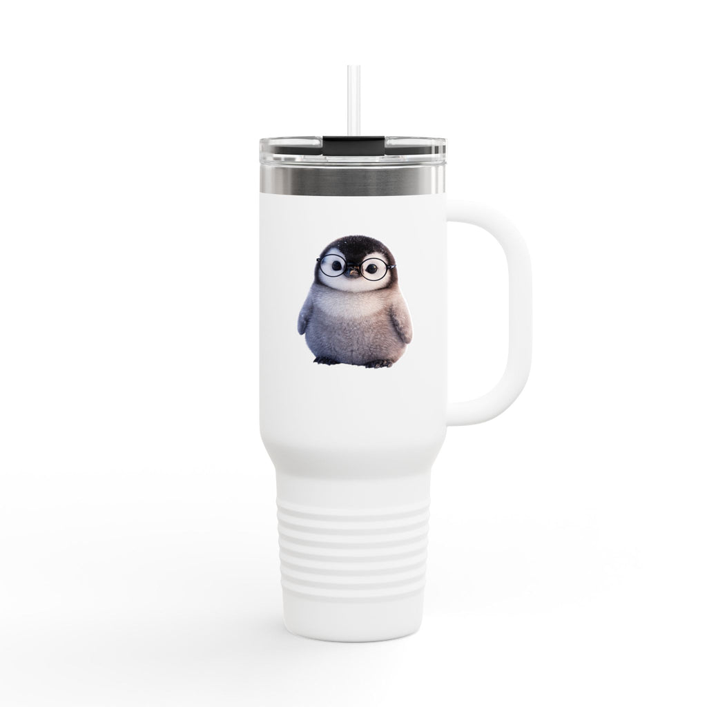 Penguin Minimalist 40oz Insulated Travel Mug — White Tumbler with Handle & Secure Lid