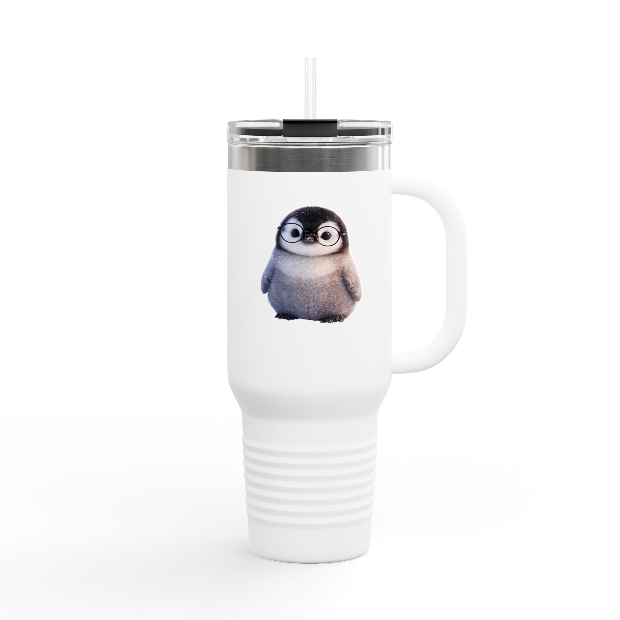 Penguin Minimalist 40oz Insulated Travel Mug — White Tumbler with Handle & Secure Lid