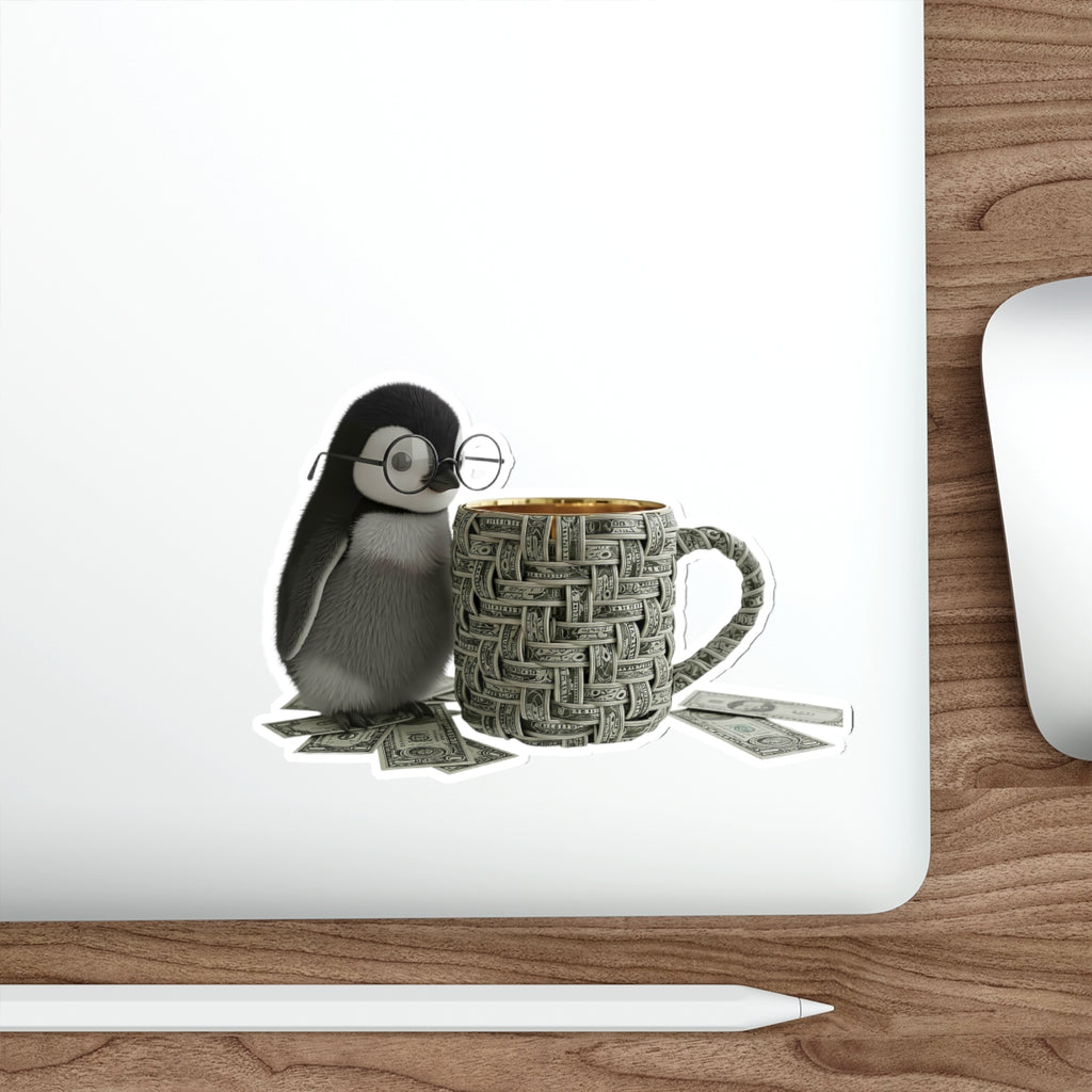 Cute Penguin with Coffee Die-Cut Sticker — Cozy Nerdy Penguin Illustration