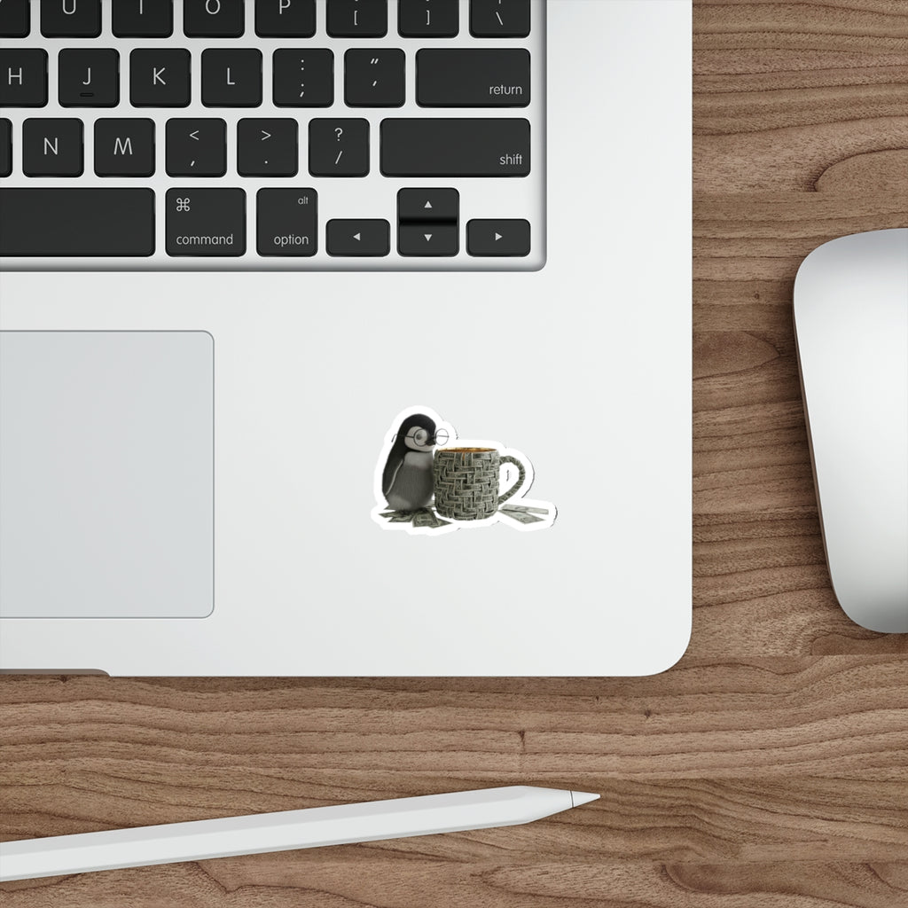 Cute Penguin with Coffee Die-Cut Sticker — Cozy Nerdy Penguin Illustration