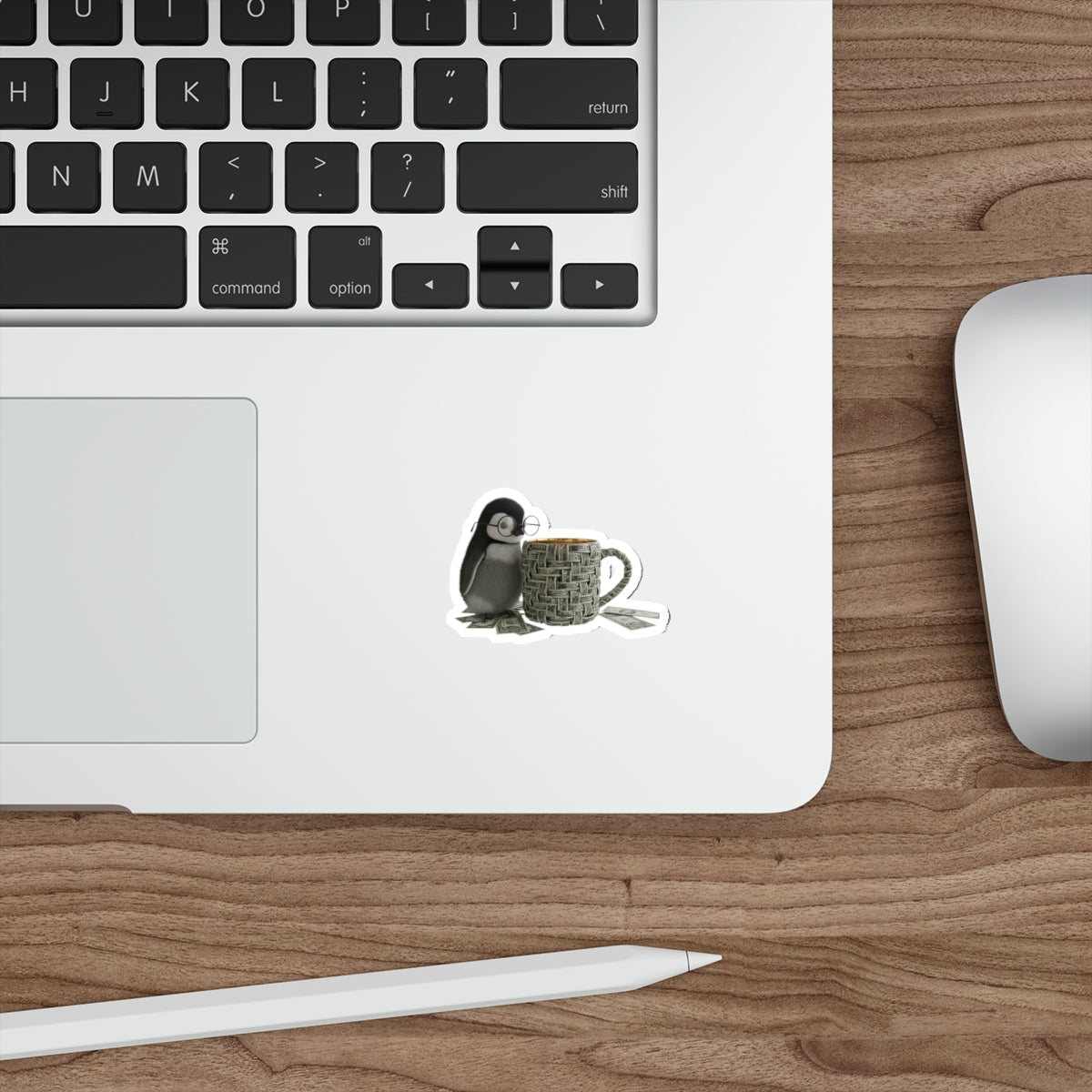 Cute Penguin with Coffee Die-Cut Sticker — Cozy Nerdy Penguin Illustration