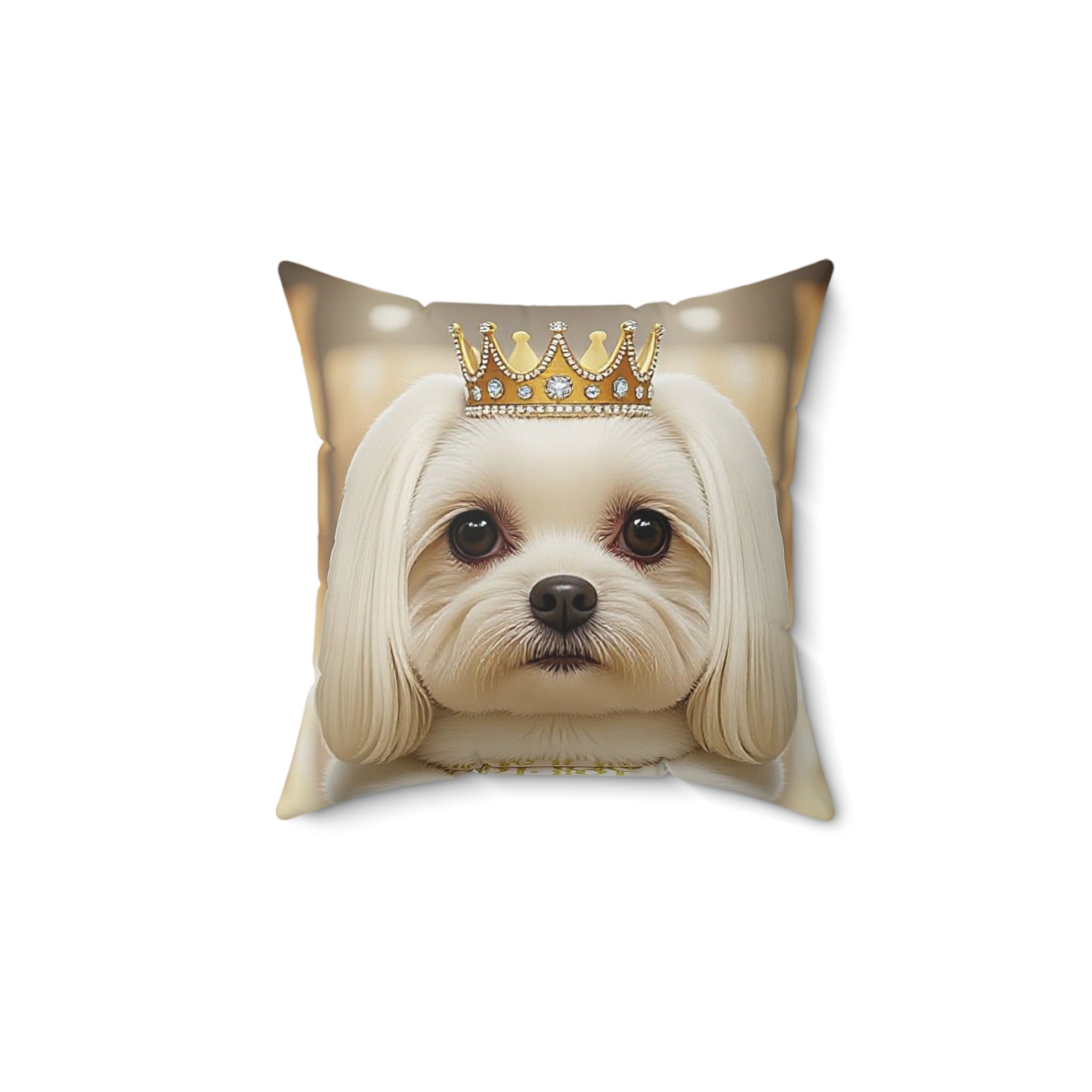 Maltese Dog Portrait Pillow — Gold-Toned Elegant Decorative Cushion