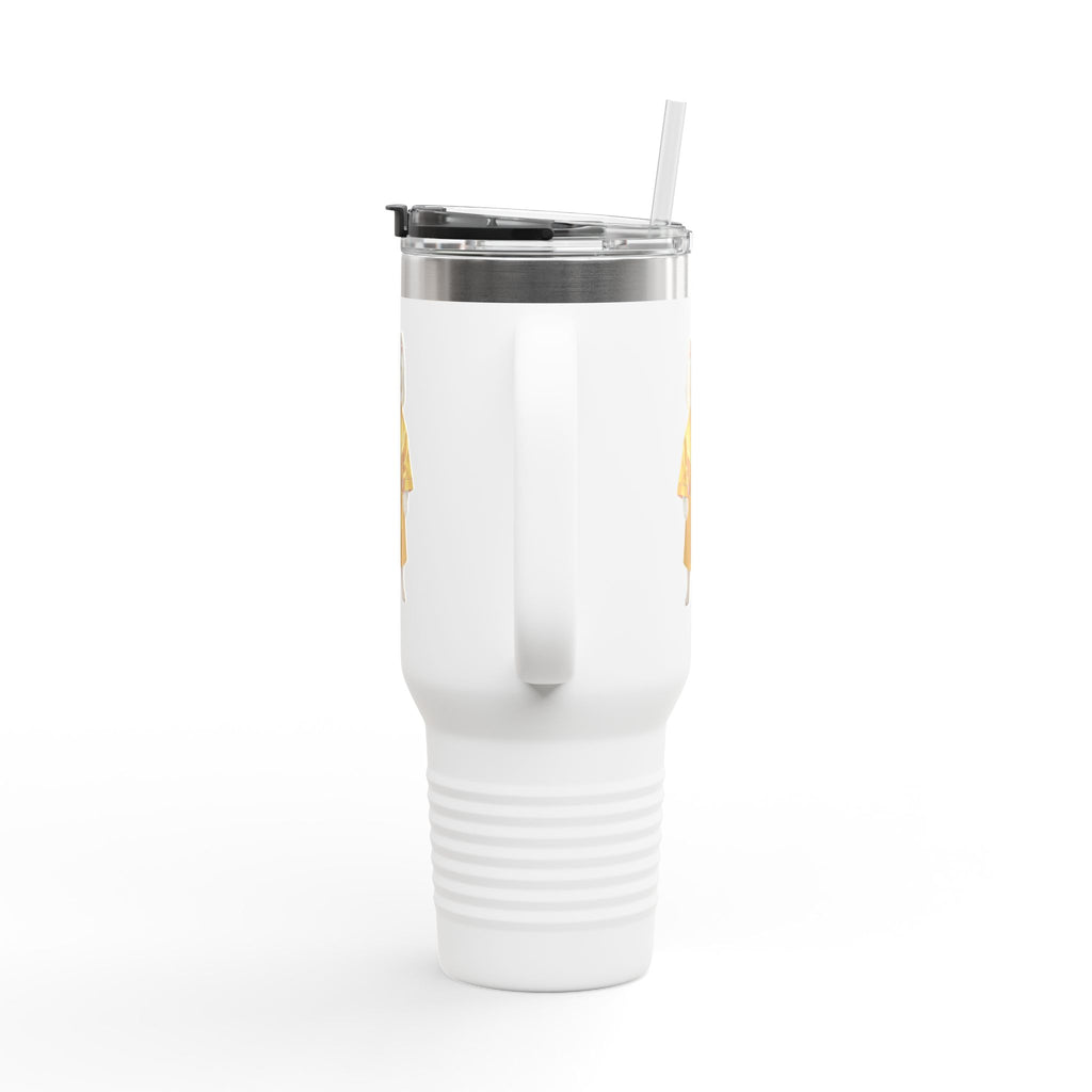 A tumbler that feels like walking with a royal Pomeranian in a golden hallway