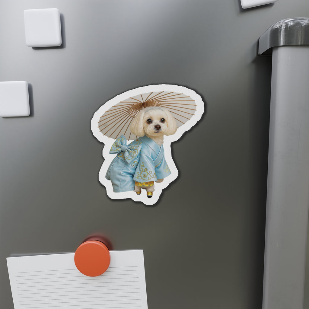 Dog in Kimono Die-Cut Magnet — Cute Maltese Puppy with Parasol Refrigerator Magnet