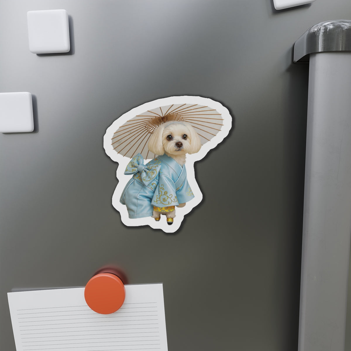 Dog in Kimono Die-Cut Magnet — Cute Maltese Puppy with Parasol Refrigerator Magnet