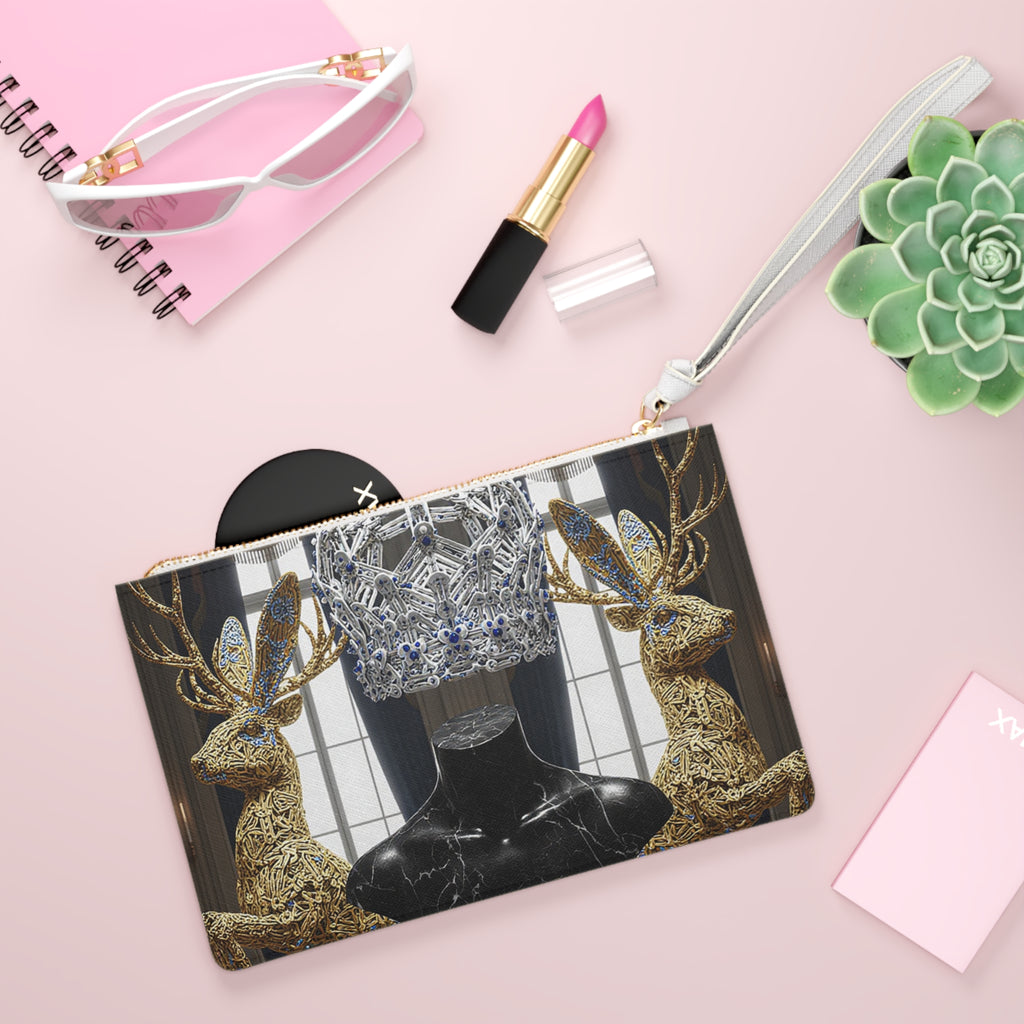 Black Luxury Crown Clutch Bag – Elegant Daily Purse, Minimal Gold Pattern, Gift-Ready Design