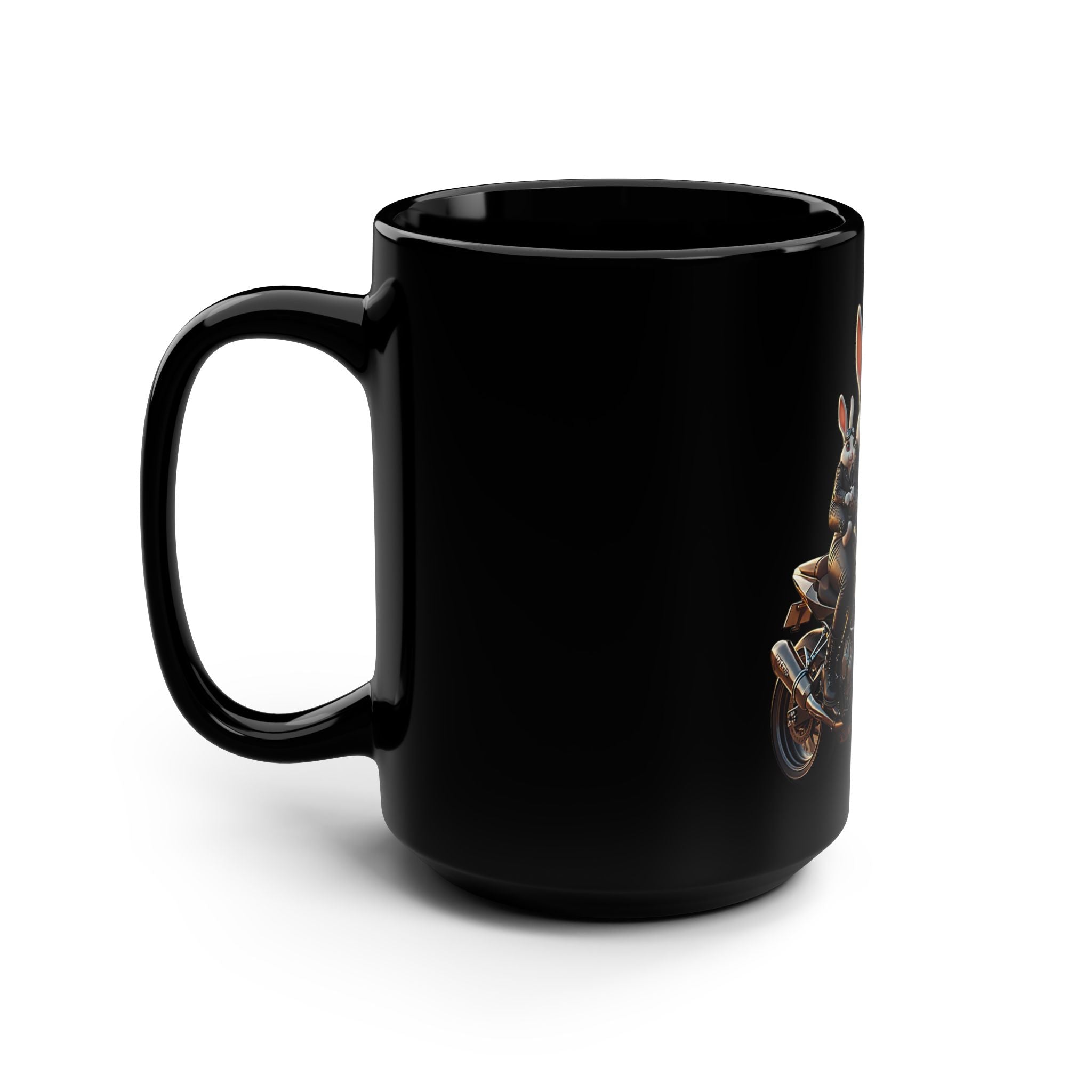 Duo Bunny Rider Motorcycle Art Mug — 15oz Black Ceramic