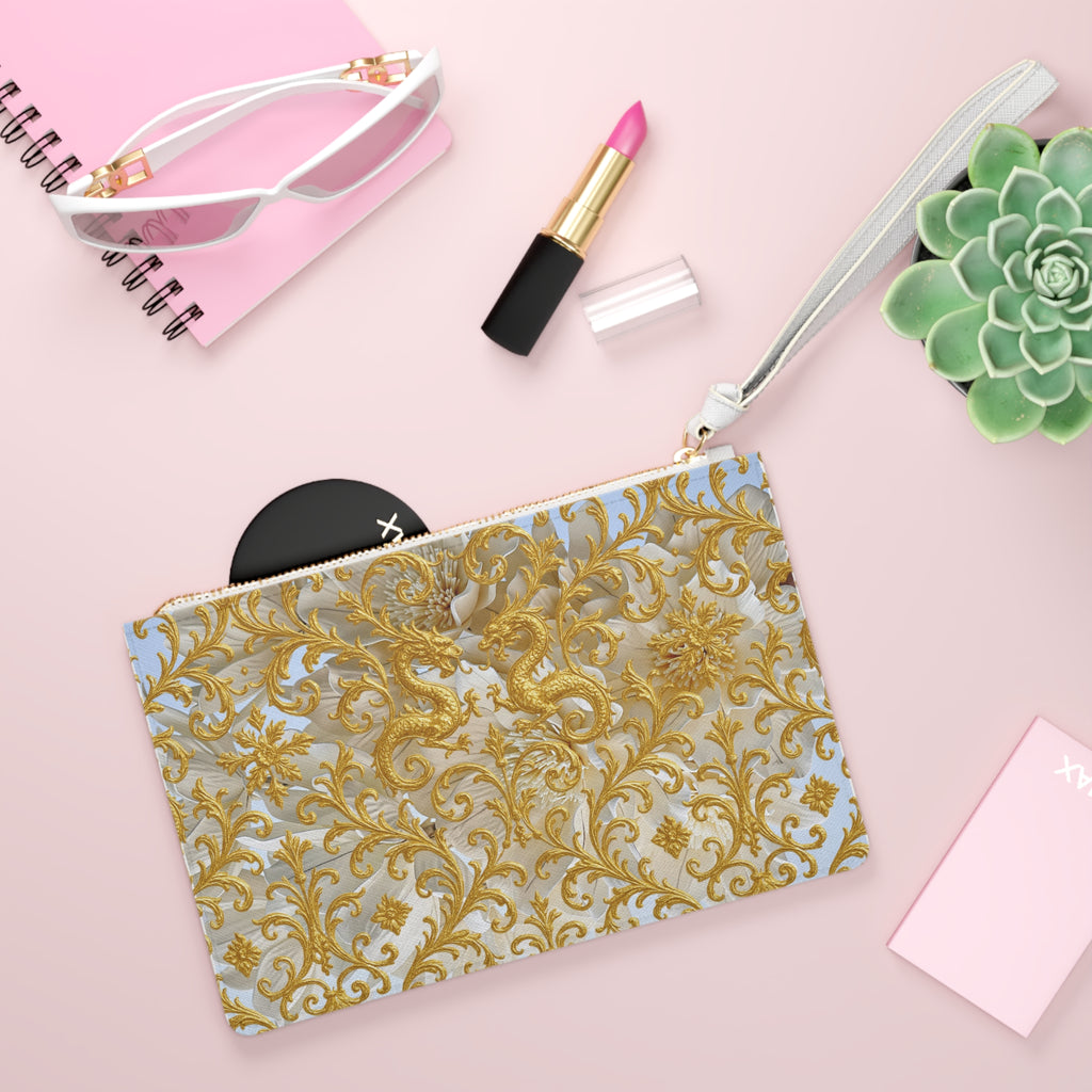 Golden Dragon Baroque Wristlet Pouch | Luxury Pattern Zipper Clutch