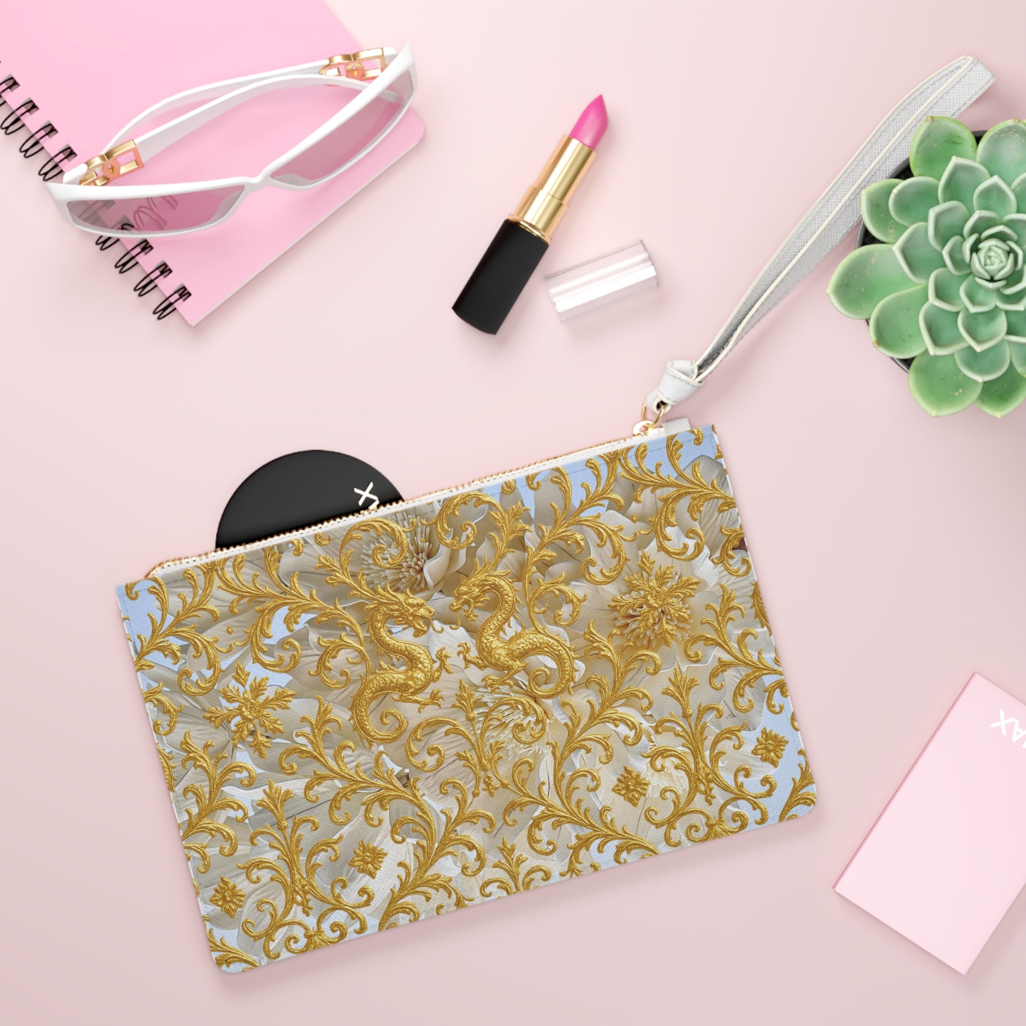 Golden Dragon Baroque Wristlet Pouch | Luxury Pattern Zipper Clutch