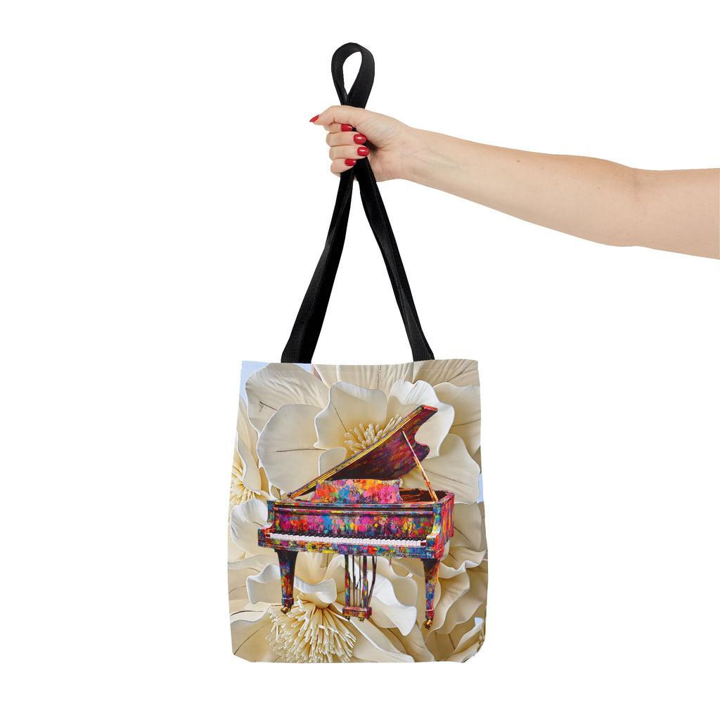 Colorful Grand Piano Art Tote Bag – Floral Background Statement Tote