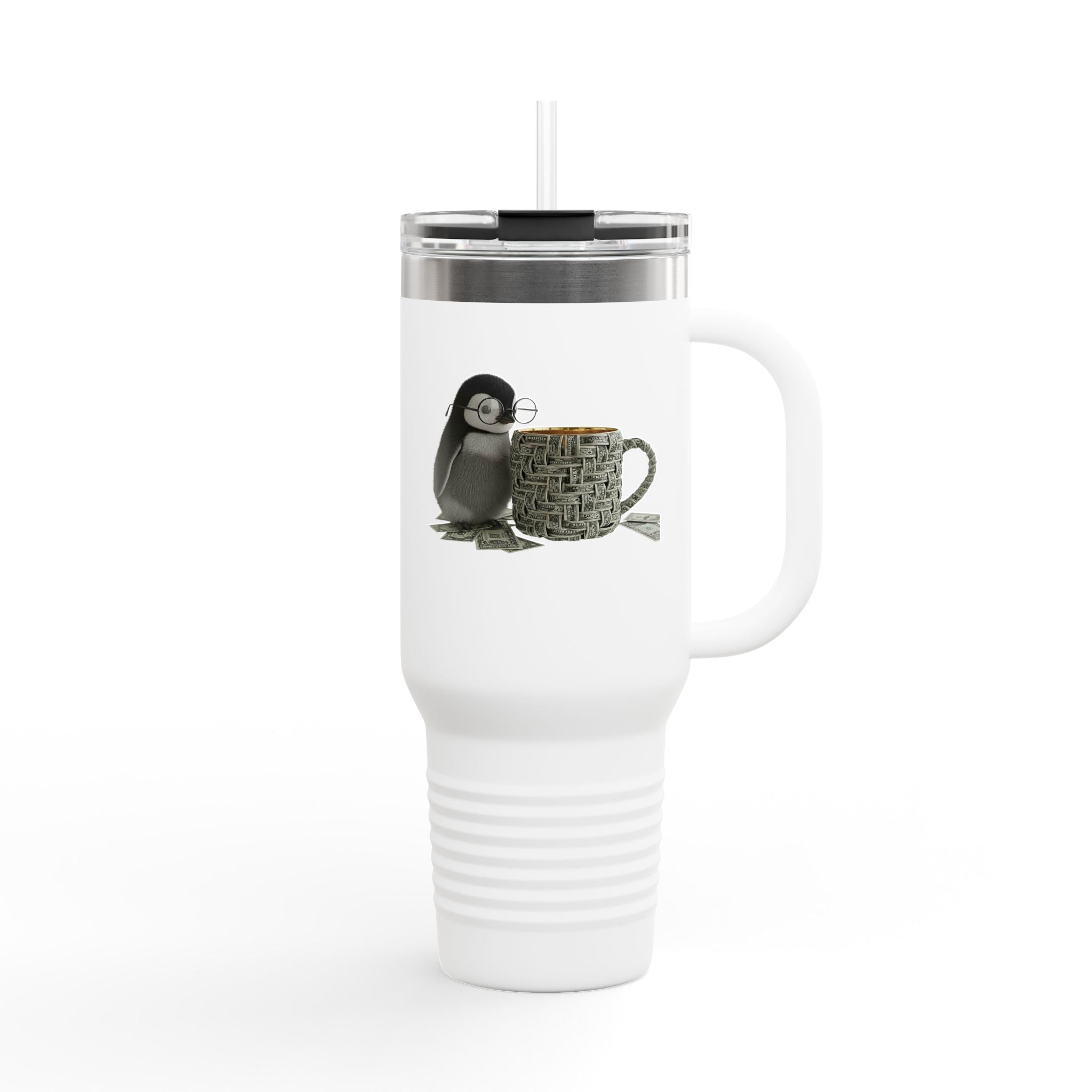 Penguin Money-Mug 40oz Insulated Travel Tumbler — Motivational Coffee Cup