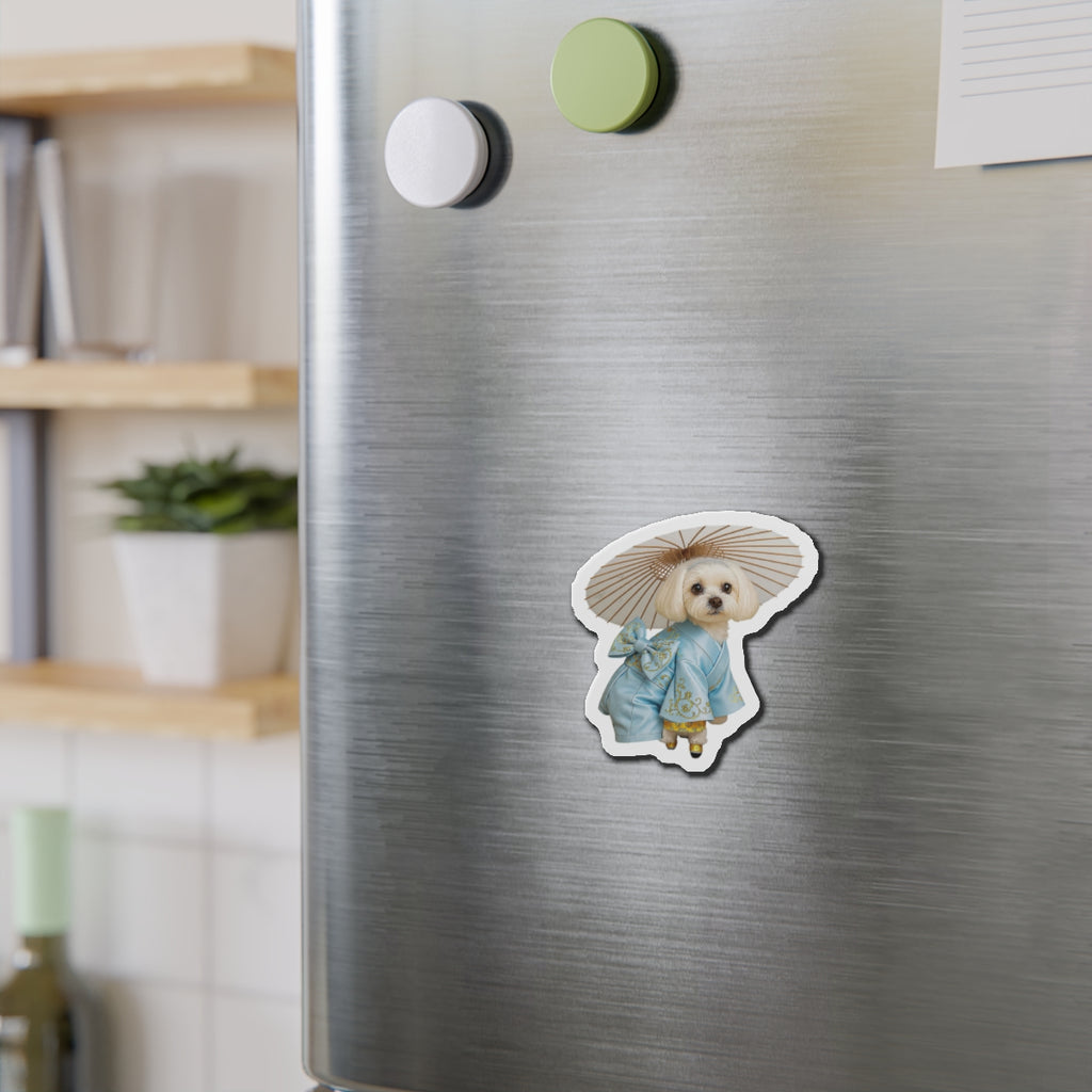 Dog in Kimono Die-Cut Magnet — Cute Maltese Puppy with Parasol Refrigerator Magnet