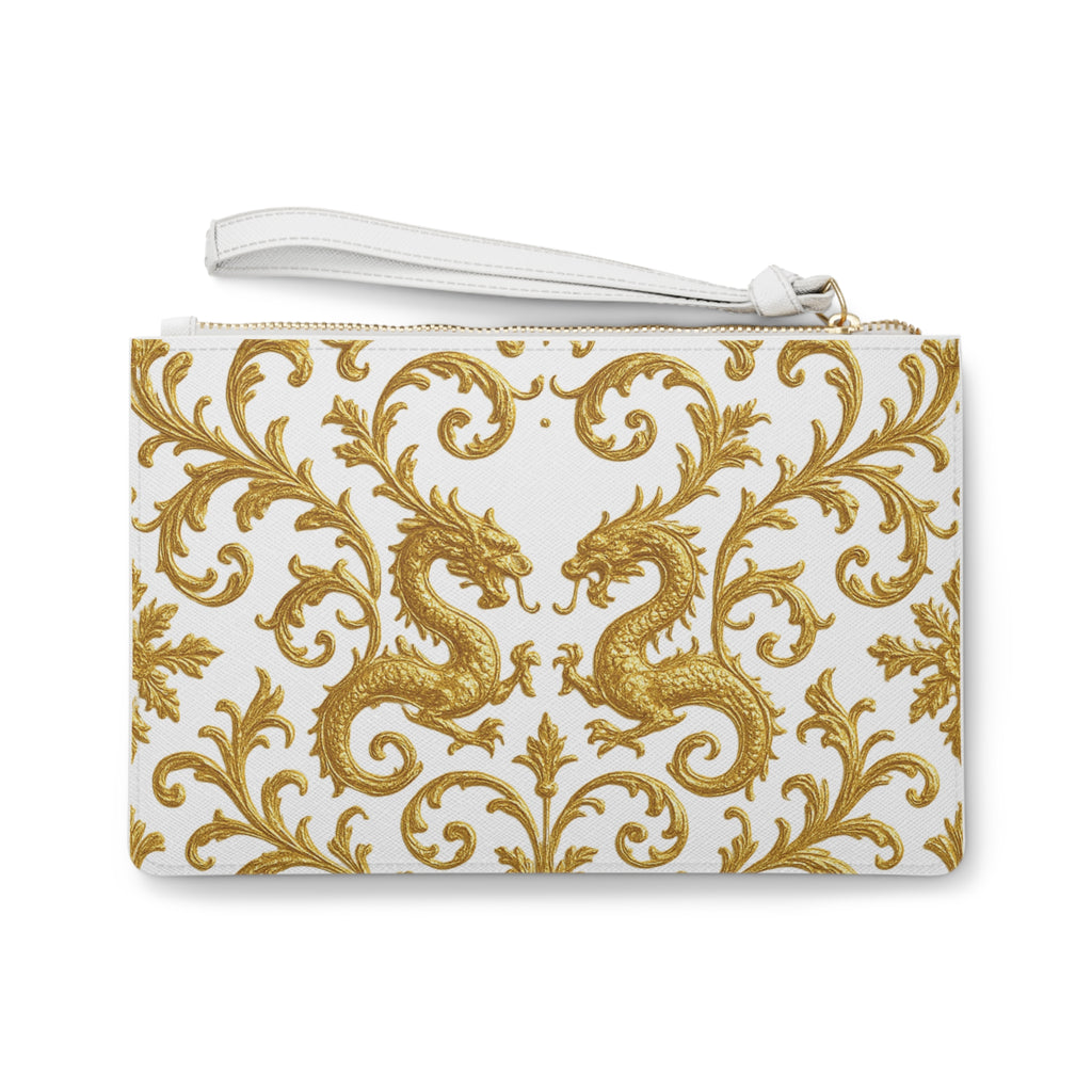 Ivory Gold Dragon Baroque Clutch Bag — Elegant Wristlet Pouch for Special Occasions