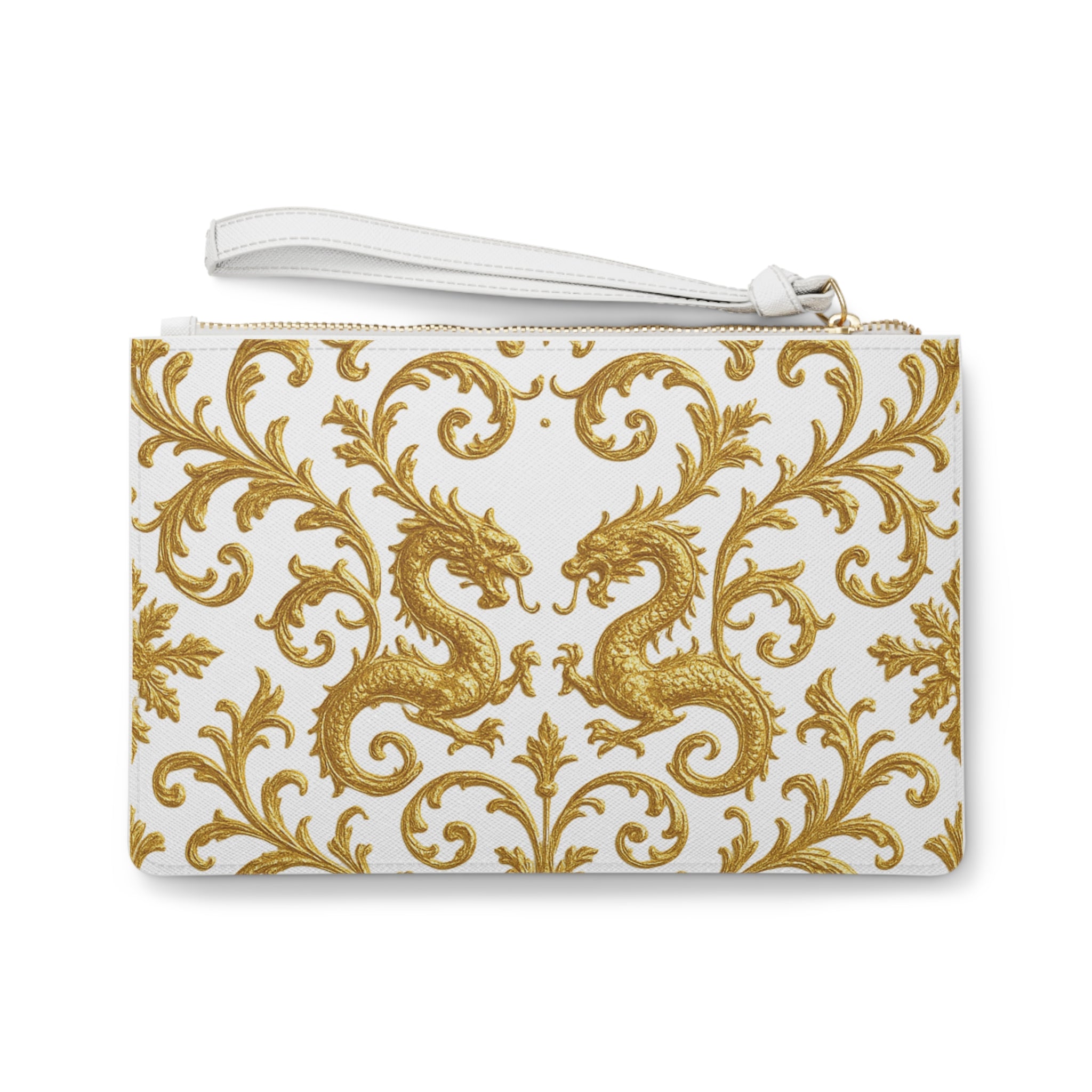 Ivory Gold Dragon Baroque Clutch Bag — Elegant Wristlet Pouch for Special Occasions