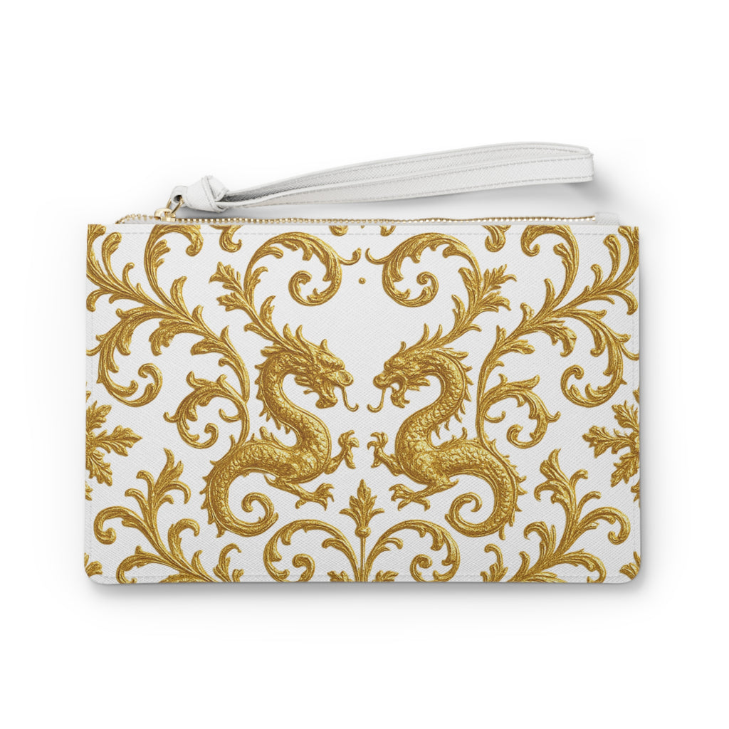 Ivory Gold Dragon Baroque Clutch Bag — Elegant Wristlet Pouch for Special Occasions