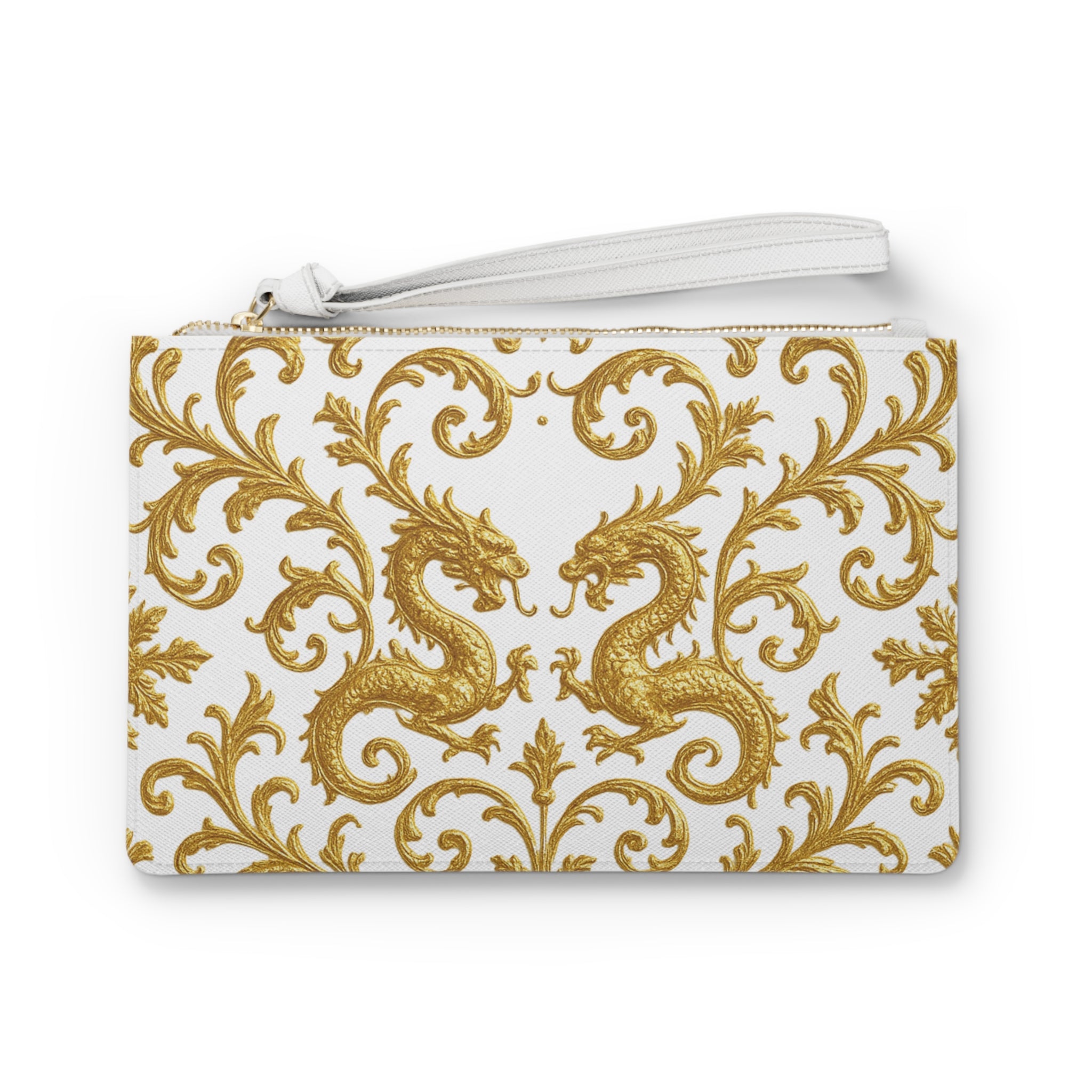 Ivory Gold Dragon Baroque Clutch Bag — Elegant Wristlet Pouch for Special Occasions