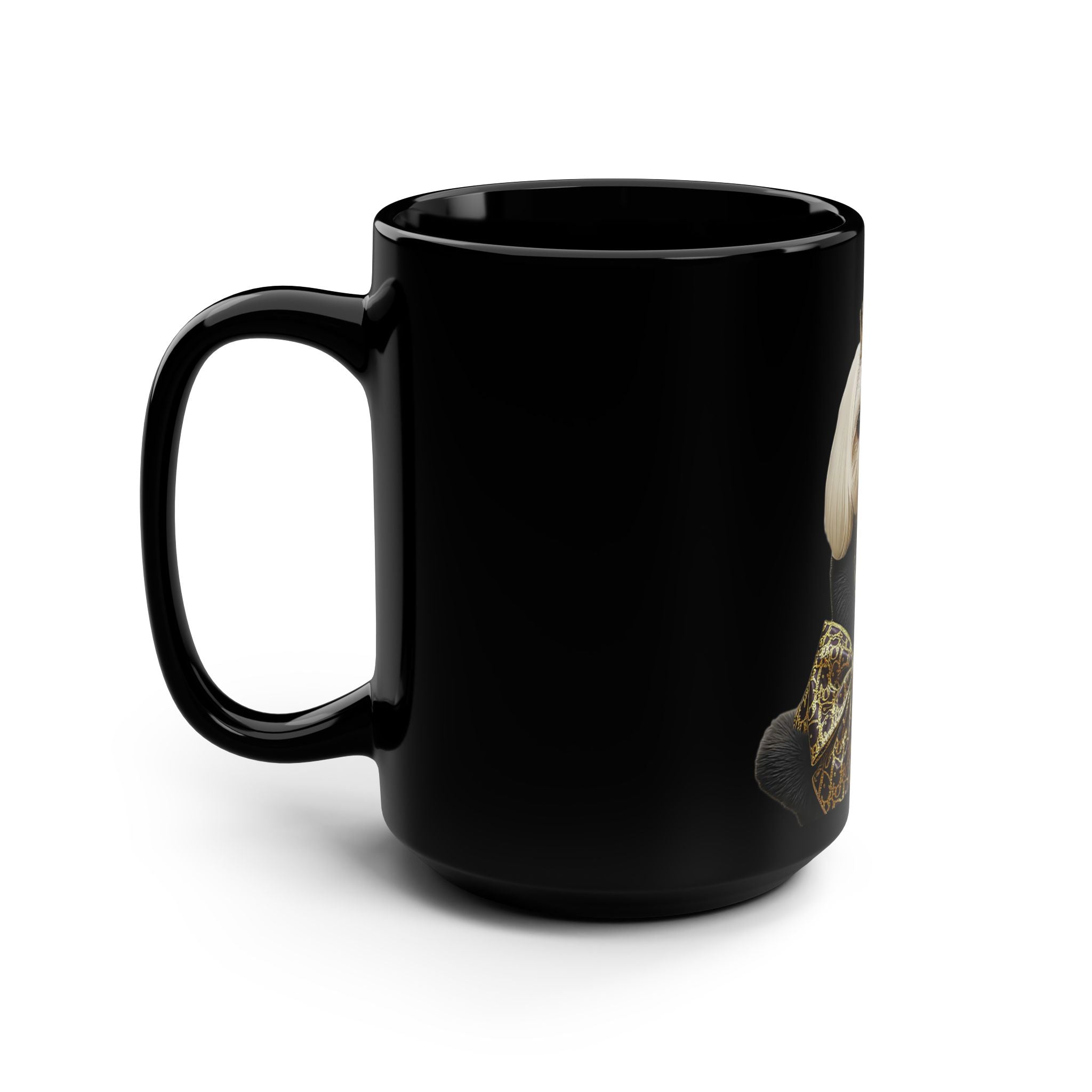 Black Ceramic Mug — Gold Royal Dog Illustration (15oz)