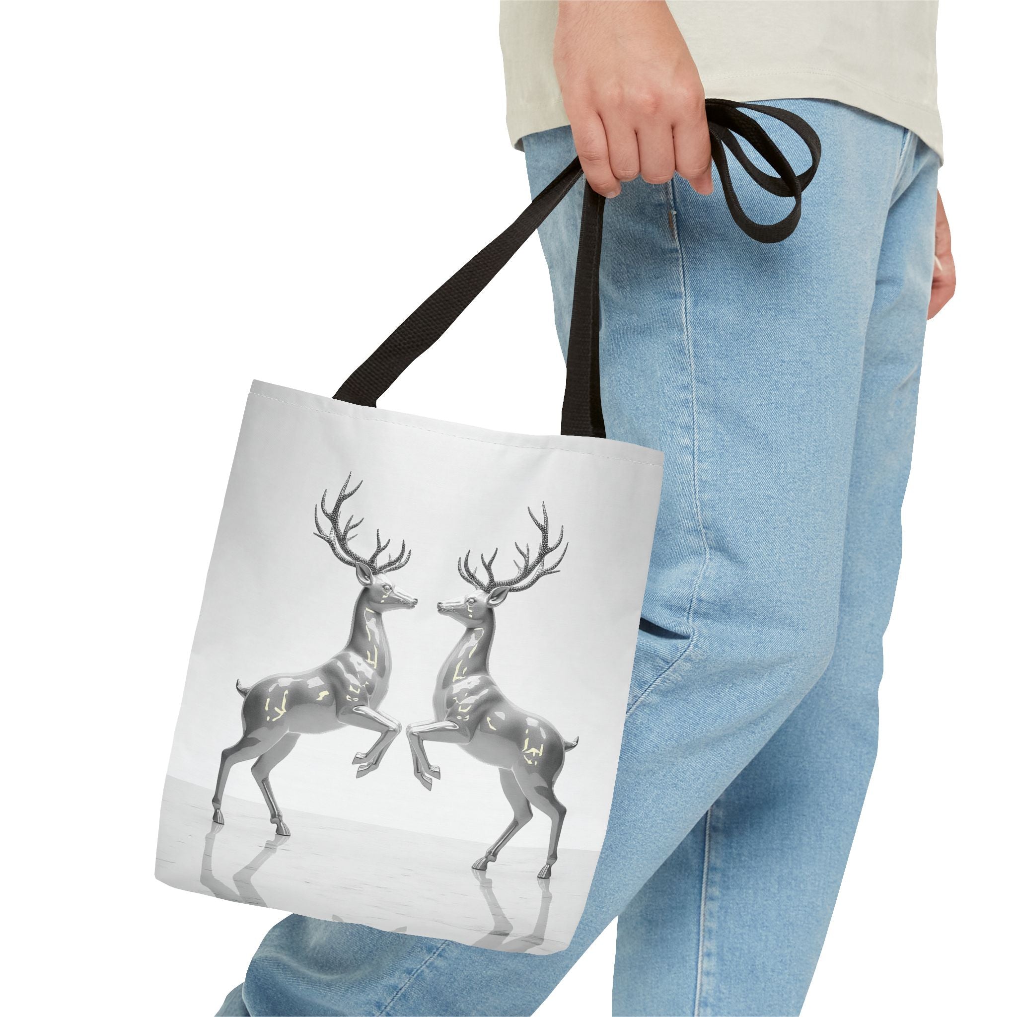 Silver Stag Mirror Tote Bag — Elegant Deer Print Eco Shopper