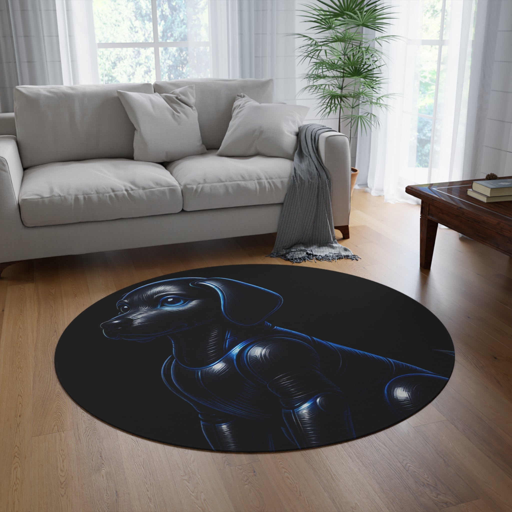 Midnight Guardian — Sculptural Dog Art Round Rug