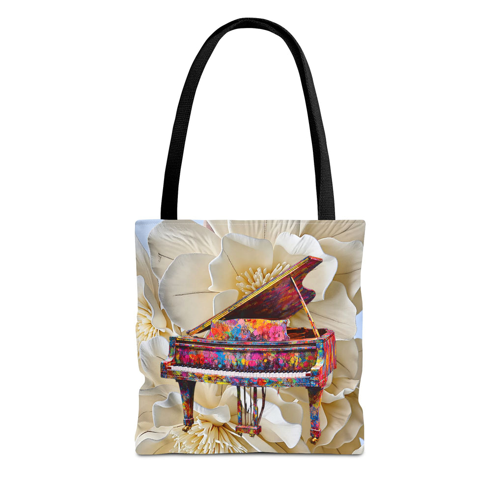 Colorful Grand Piano Art Tote Bag – Floral Background Statement Tote