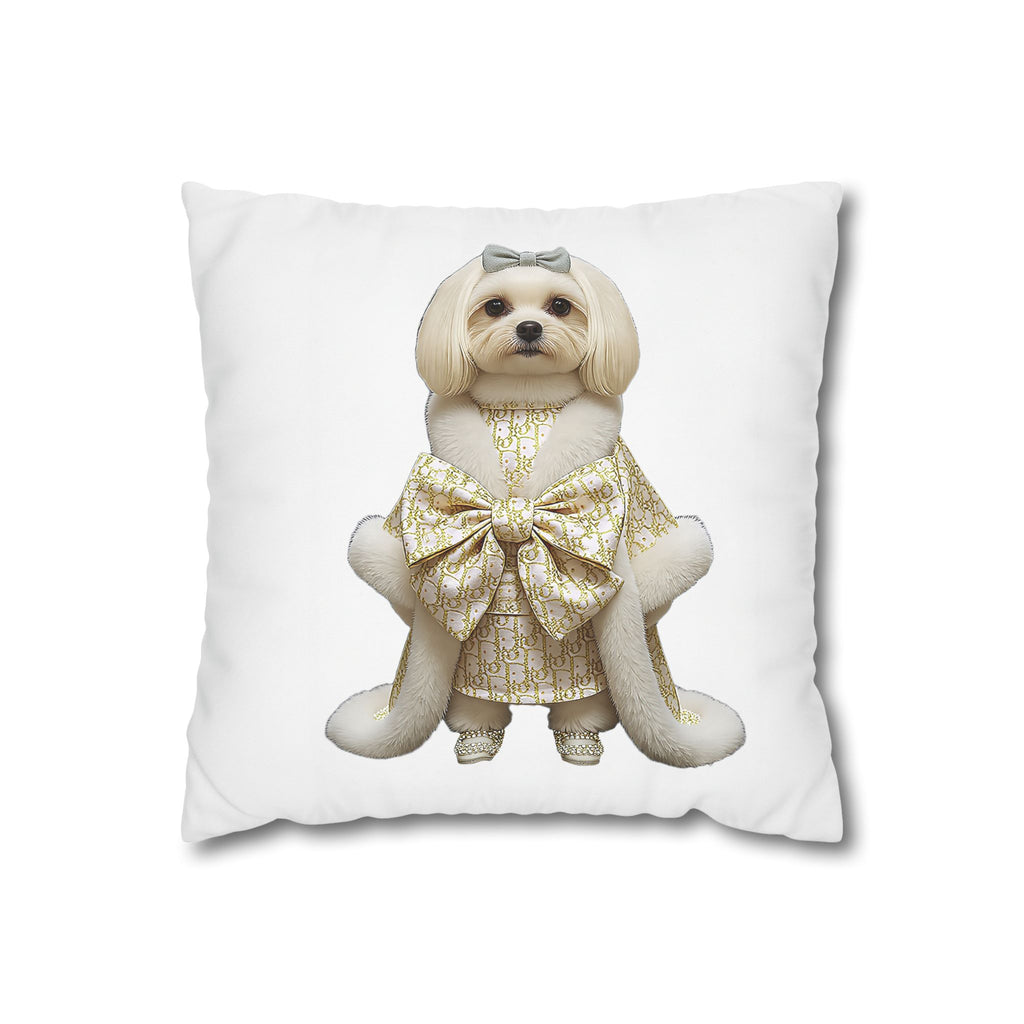 Glam Pooch Decorative Pillow - Cute Dog in Gold Bow Cushion Cover