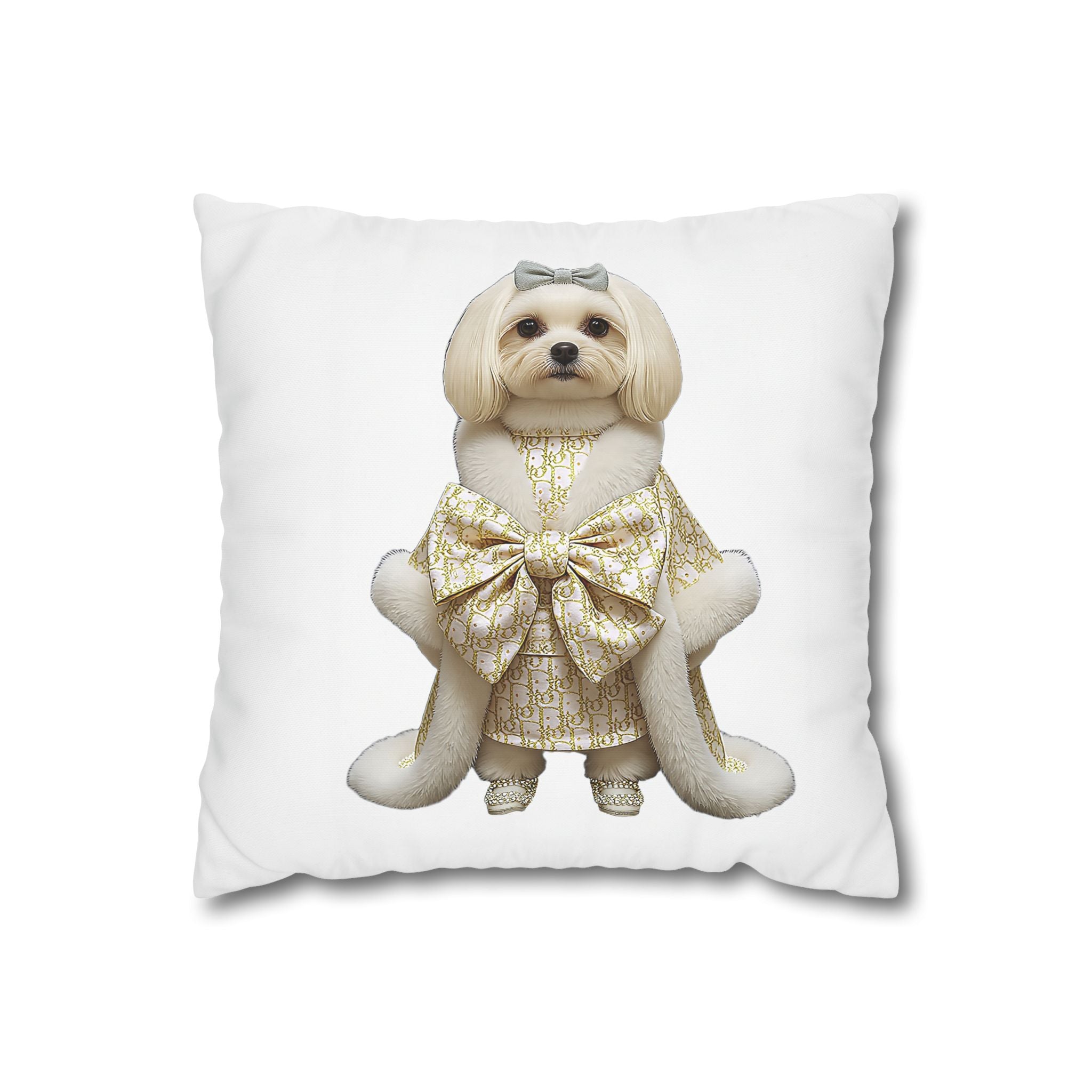 Glam Pooch Decorative Pillow - Cute Dog in Gold Bow Cushion Cover