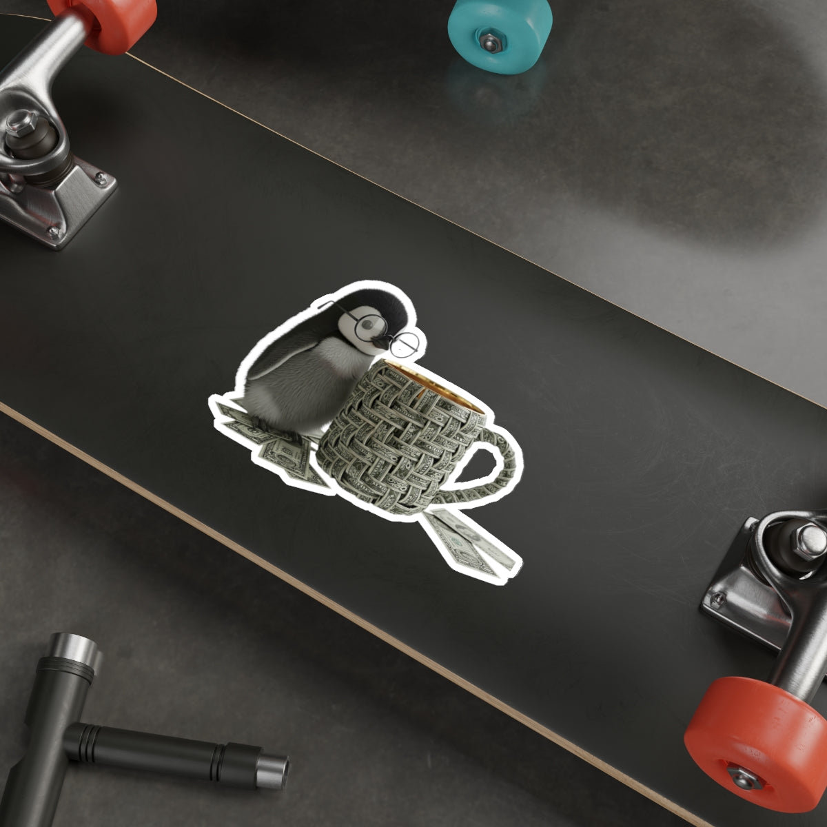 Cute Penguin with Coffee Die-Cut Sticker — Cozy Nerdy Penguin Illustration