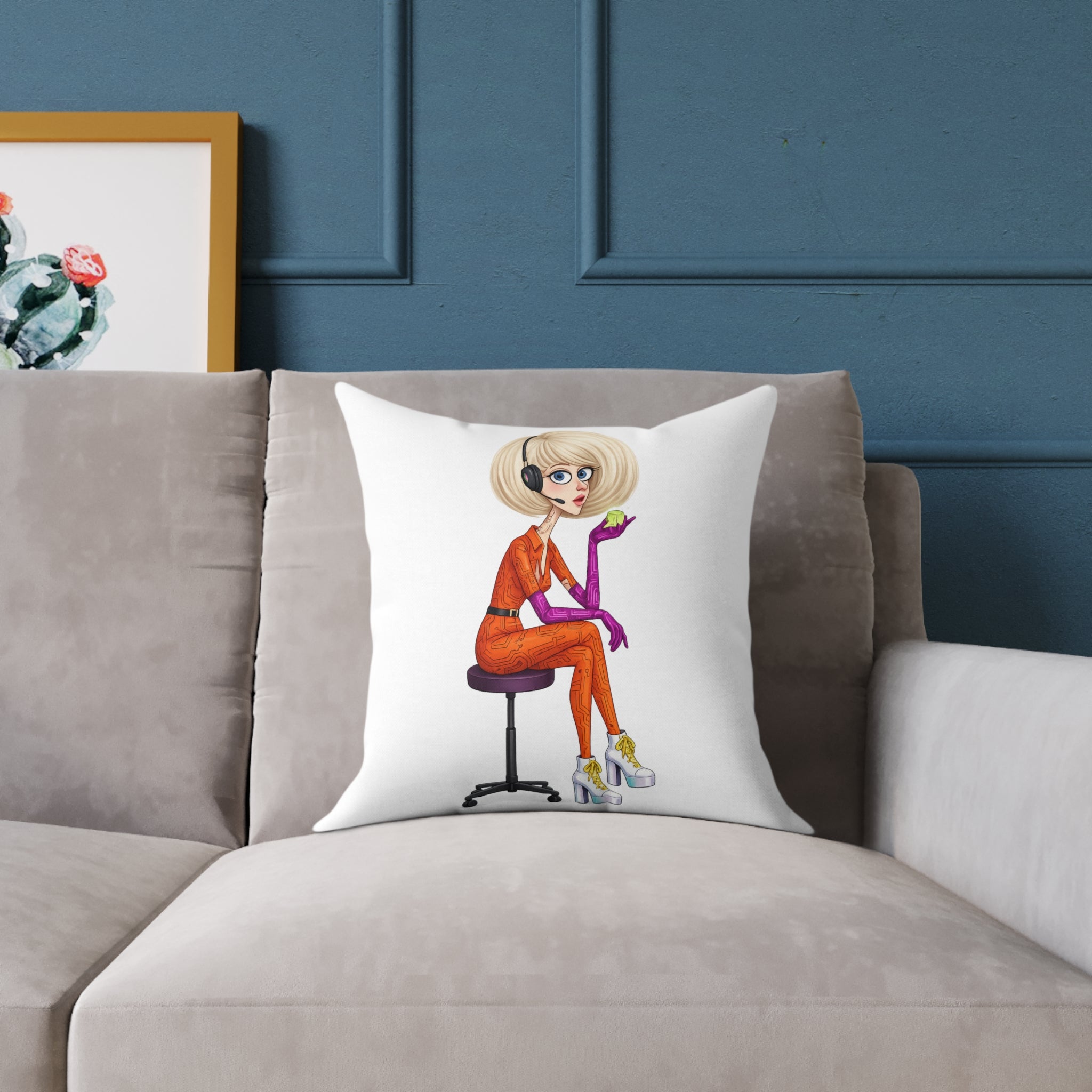Cyberpunk Floating Character Pillow — Minimal Digital Art