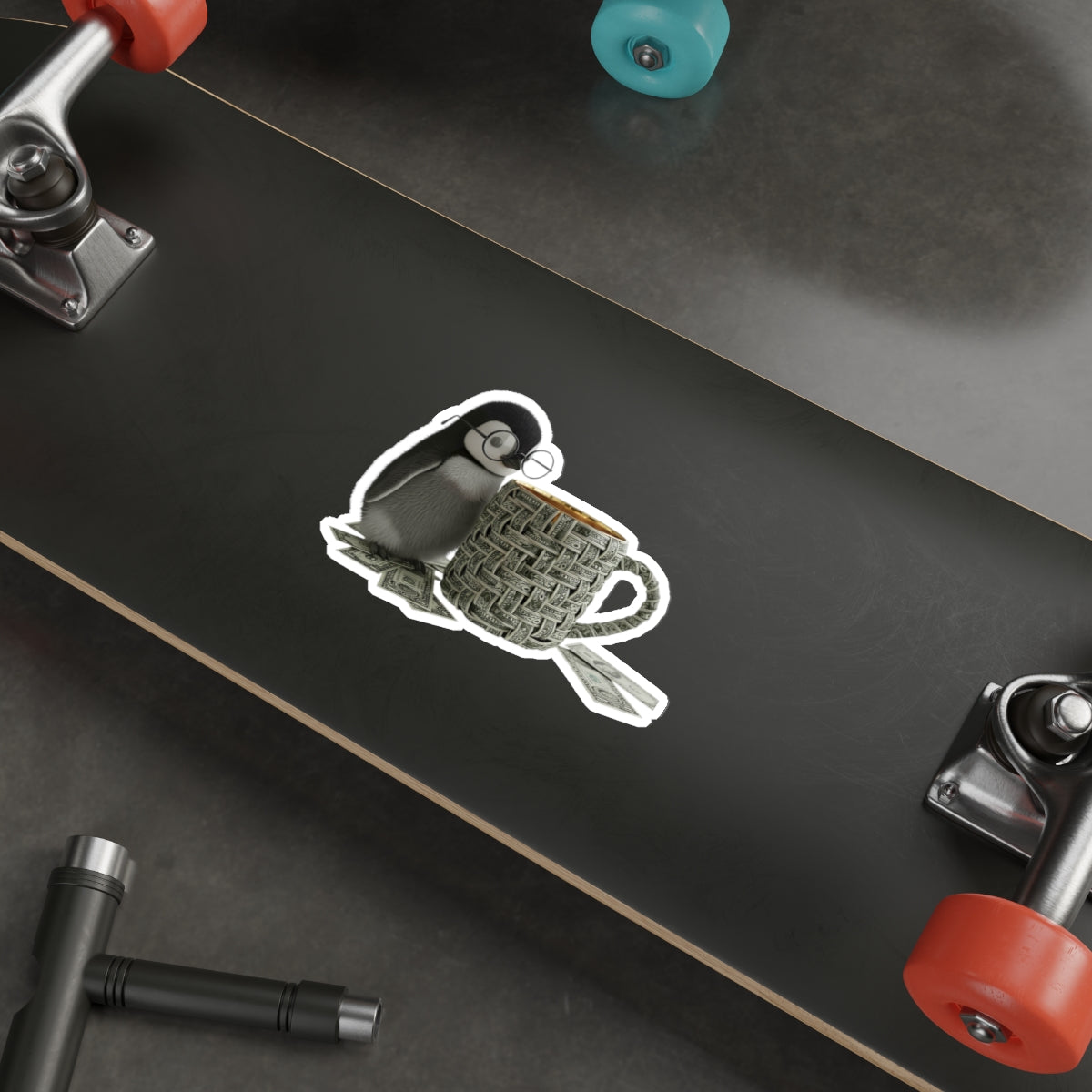 Cute Penguin with Coffee Die-Cut Sticker — Cozy Nerdy Penguin Illustration