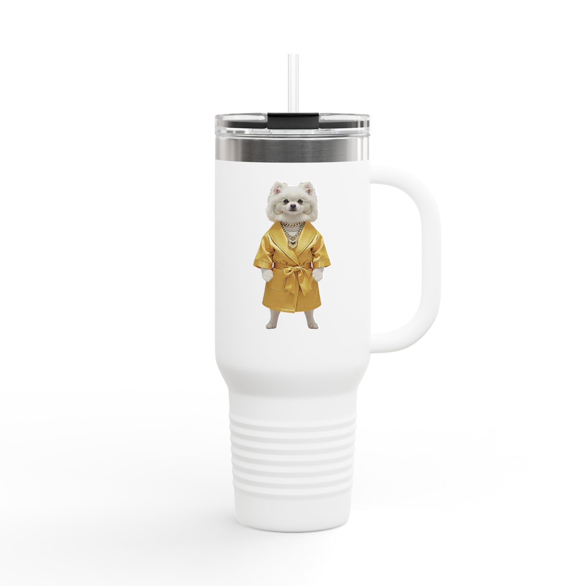 A tumbler that feels like walking with a royal Pomeranian in a golden hallway