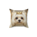 Maltese Dog Portrait Pillow — Gold-Toned Elegant Decorative Cushion