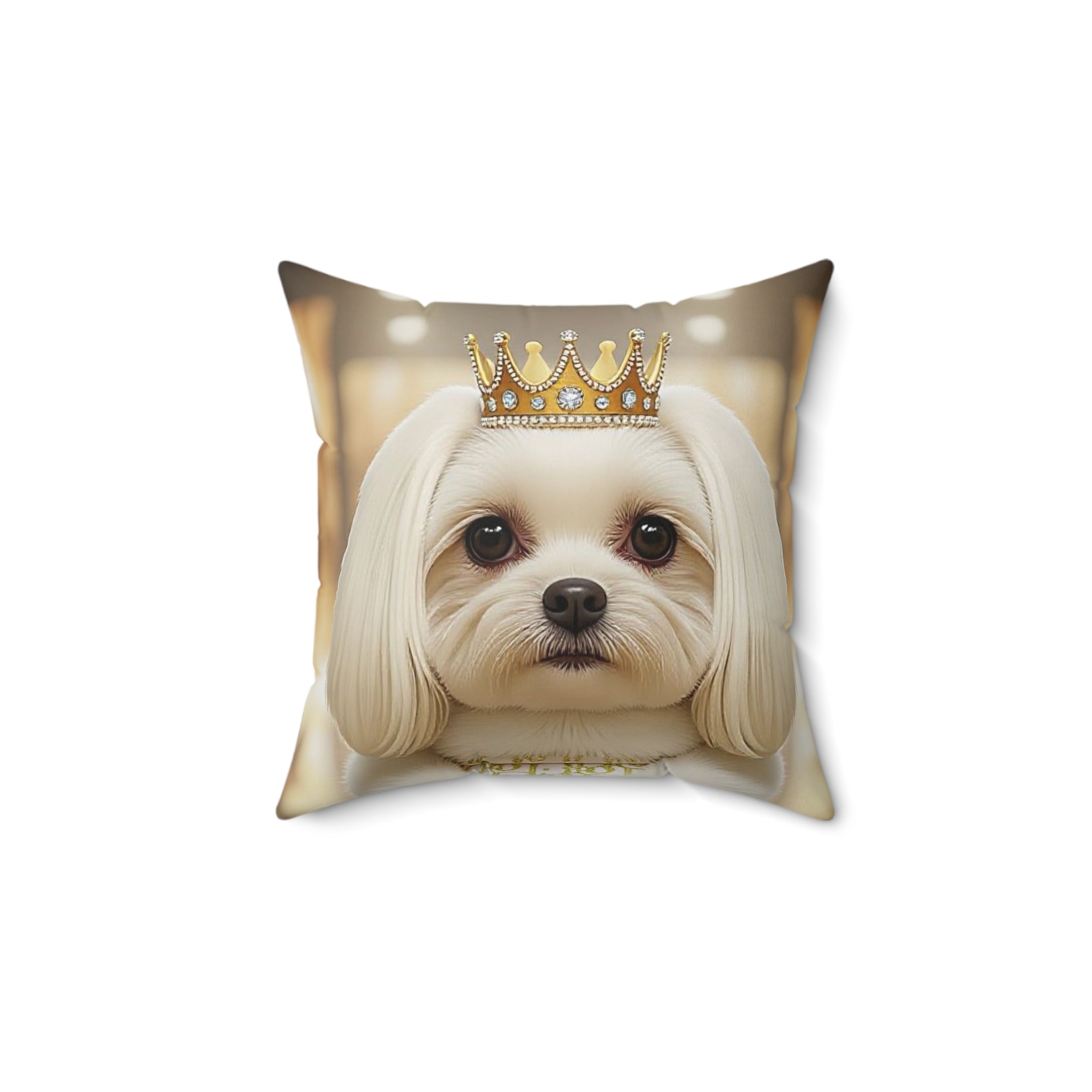 Maltese Dog Portrait Pillow — Gold-Toned Elegant Decorative Cushion